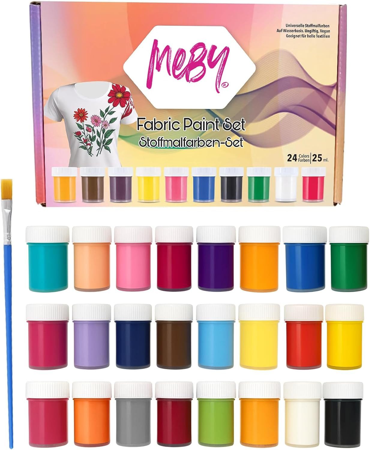 Greenpoint Textilfarbe Textilfarben Stoffmalfarben Stofffarben Set 24 Farben mit Pinsel, 24 Farben inkl. Pinsel, hochpigmentiert, wasserbasiert, waschfest