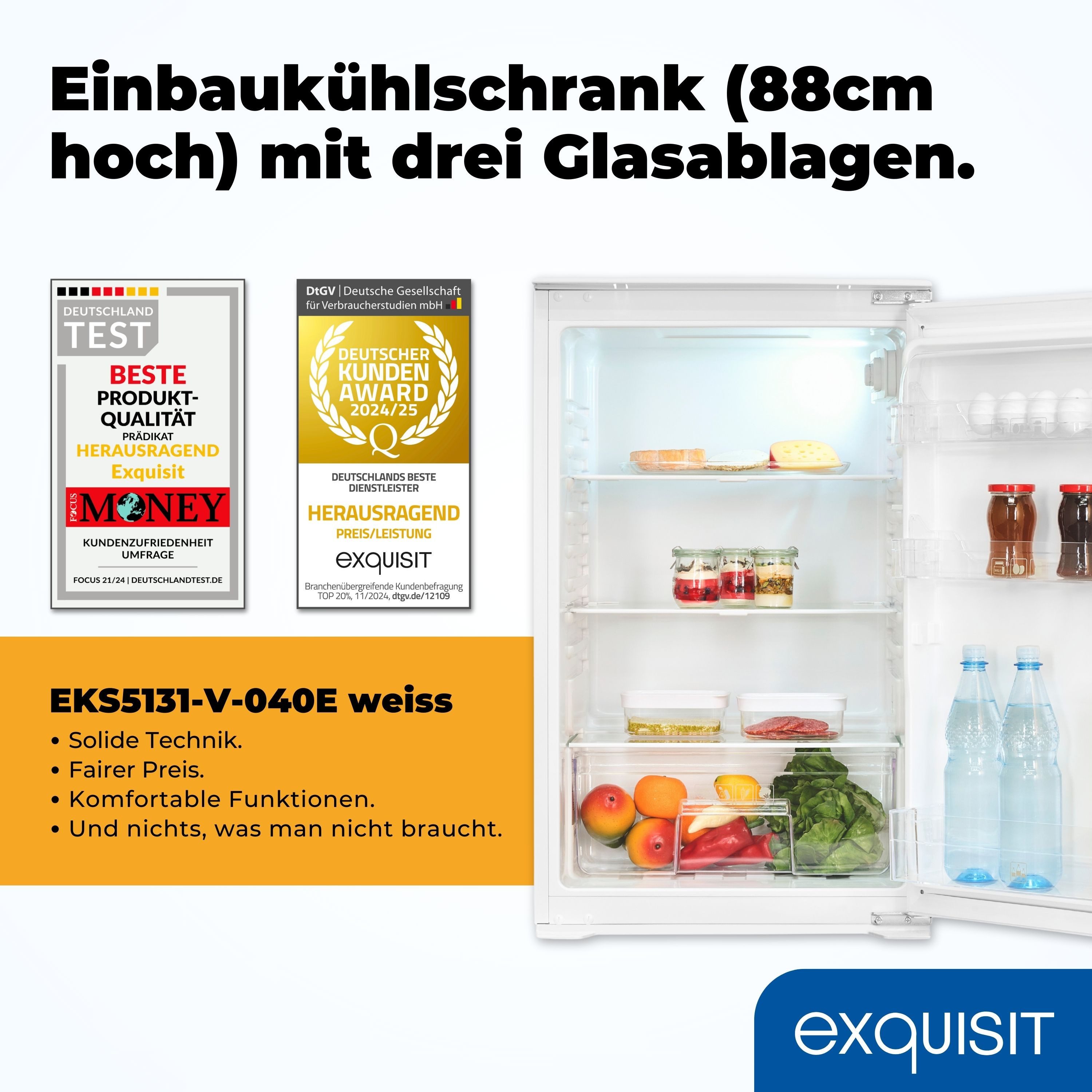 exquisit Einbaukühlschrank EKS5131-V-040E, 88 cm hoch, 54 cm breit, LED-Innenbeleuchtung, Schlepptürmontage