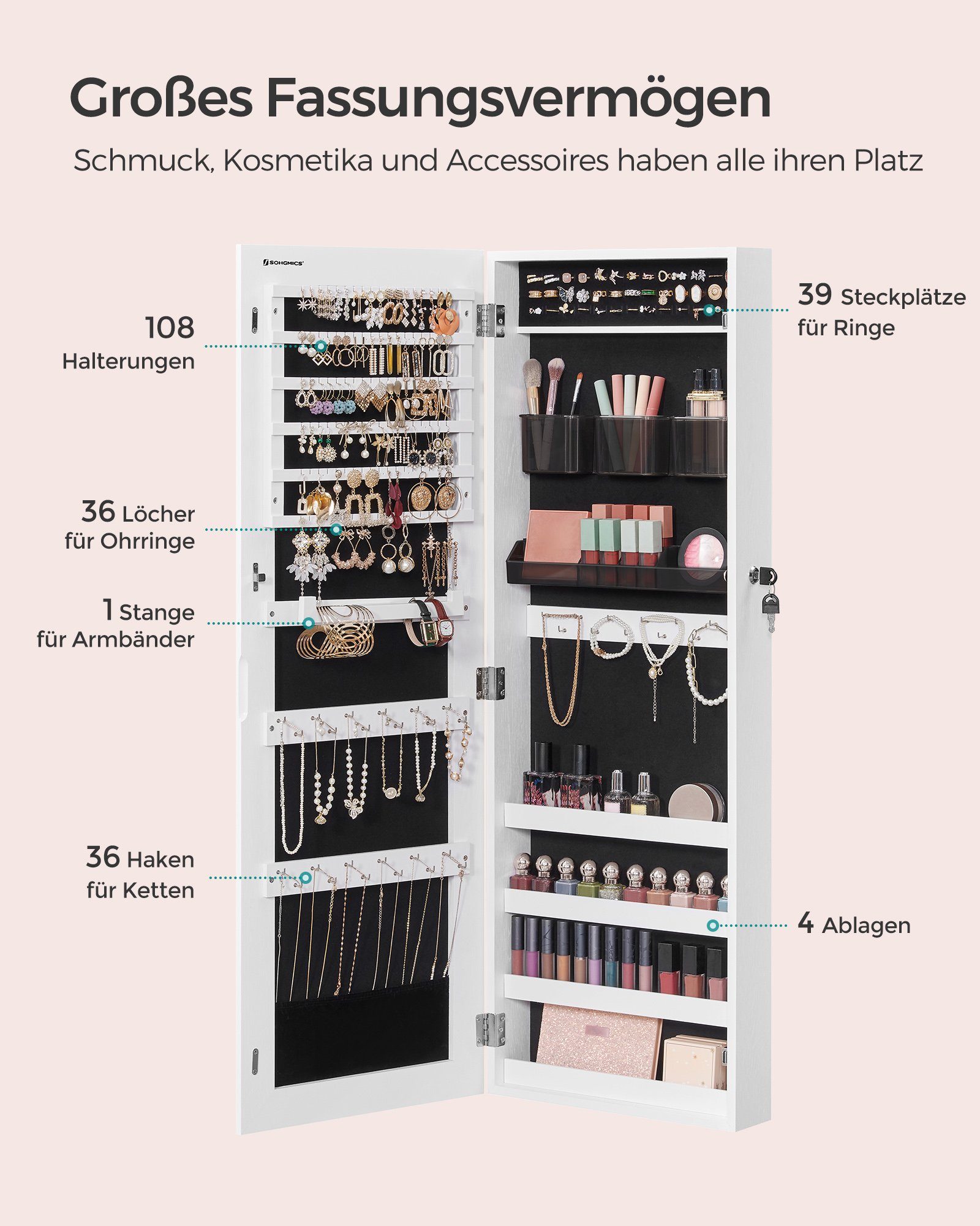 SONGMICS Schmuckschrank Spiegelschrank mit rahmenlosem Ganzkörperspiegel, abschließbarer