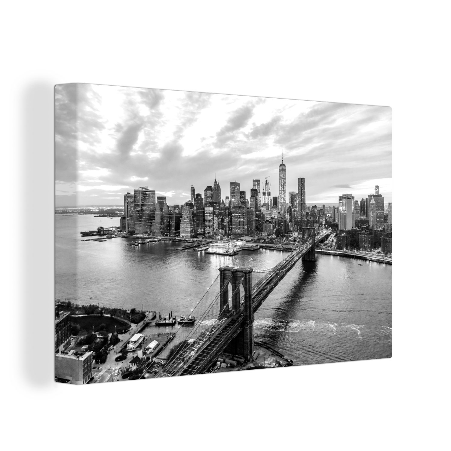 OneMillionCanvasses® Leinwandbild New Yorker Skyline mit der Brooklyn Bridge - schwarz und weiß, (1 St), Wandbild Leinwandbilder, Aufhängefertig, Wanddeko, 30x20 cm