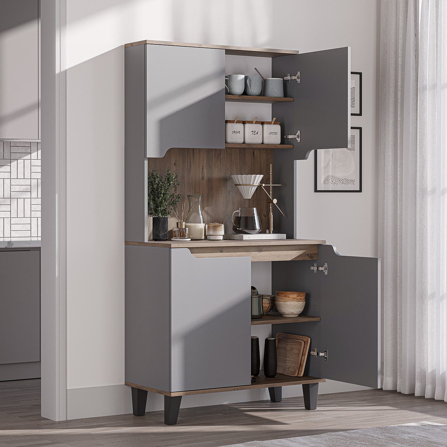 Roomart Küchenbuffet DEFNE mit Nische Kaffeebar Mikrowellenschrank Vorratsschrank, 5 Farben Offene Nische für Kaffeemaschine, 4 Türfächer
