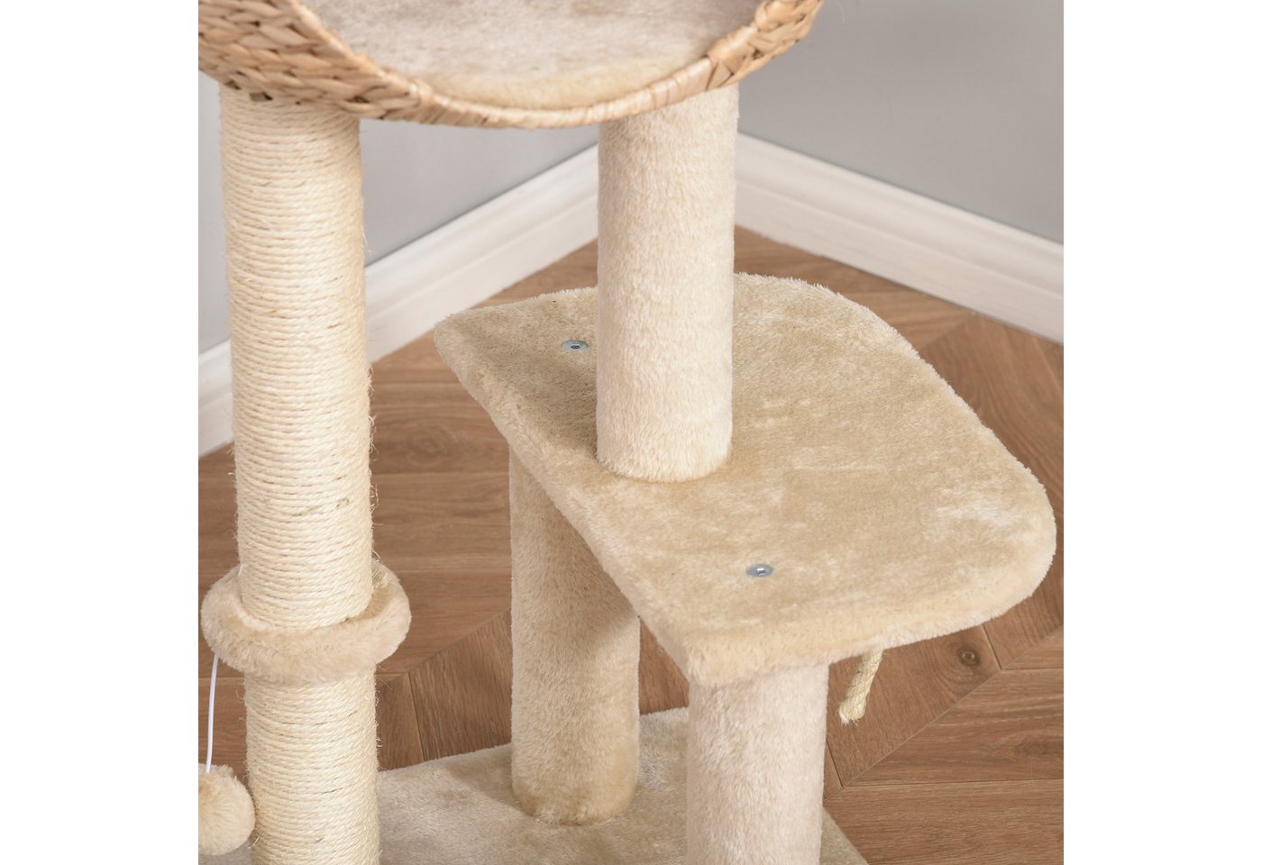Thumbnail - MC Star Kratzbaum mit Katzenhöhle 100H cm Katzennest für kleine Katzen, mit Ballspielzeug und Sisal Beige