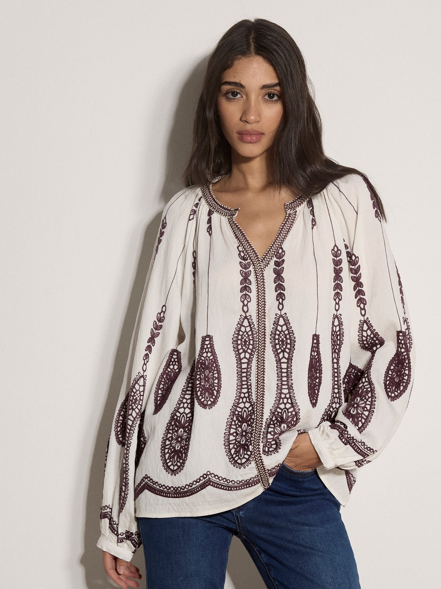 Apricot Shirtbluse Boho Bluse mit Stickerei