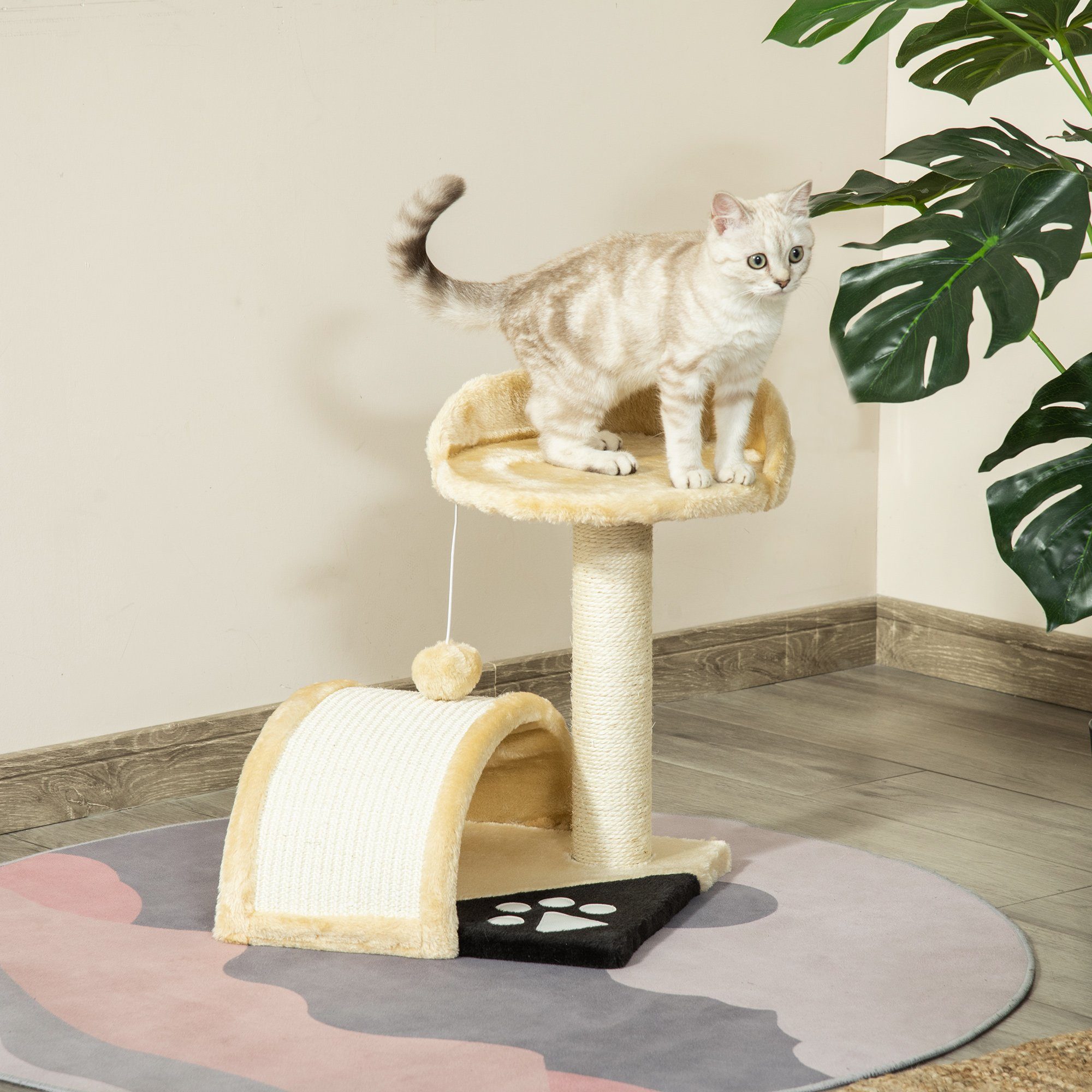 PawHut Kratzbaum Katzenbaum mit Spielbällen Katzenkratzbaum, Sisalseil-Kratzstangen, Beige, 35.5 x 37 x 46 cm