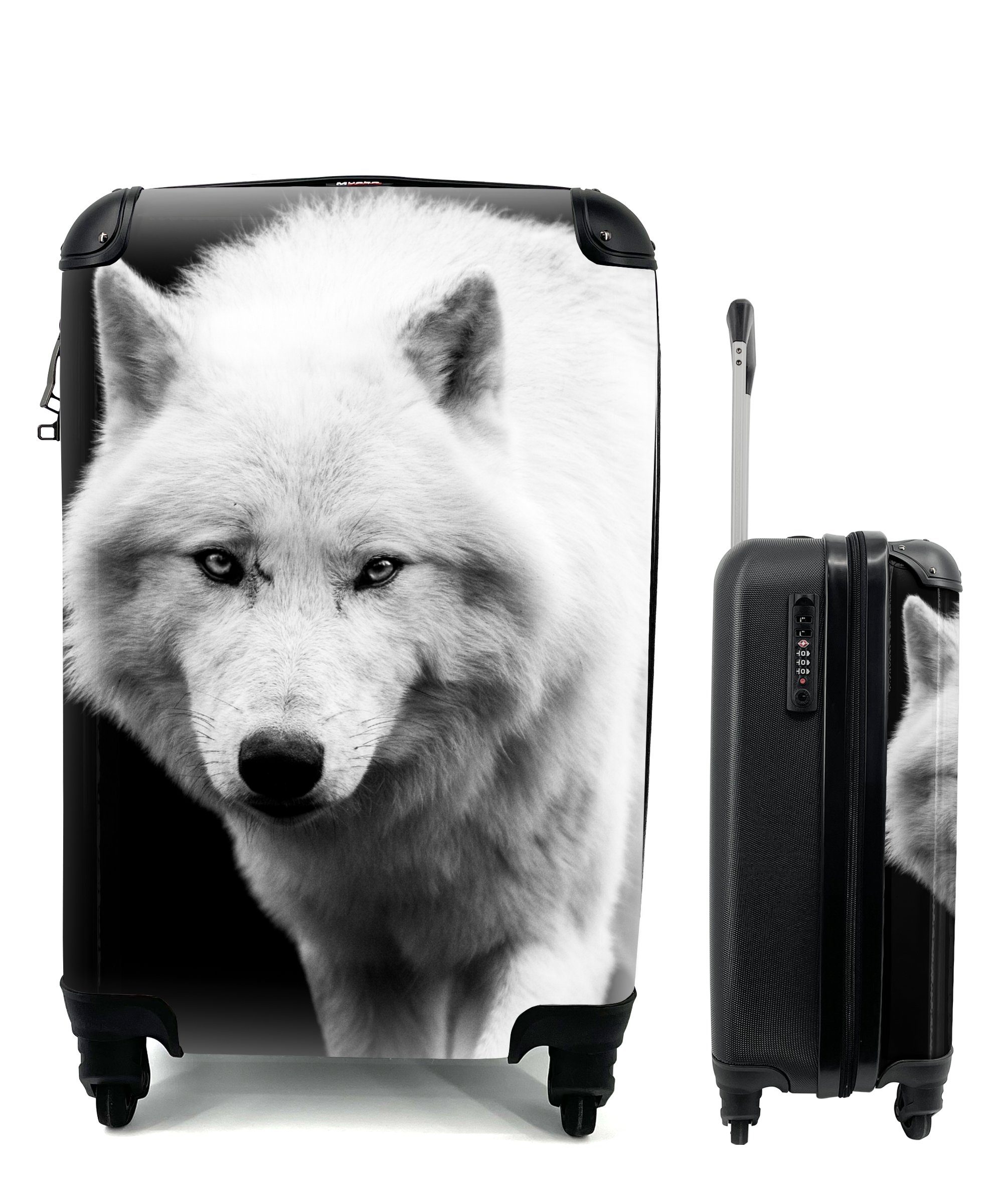 MuchoWow Handgepäckkoffer Wolf - Tier - Schwarz - Weiß, 4 Rollen, Reisetasche mit rollen, Handgepäck für Ferien, Trolley, Reisekoffer