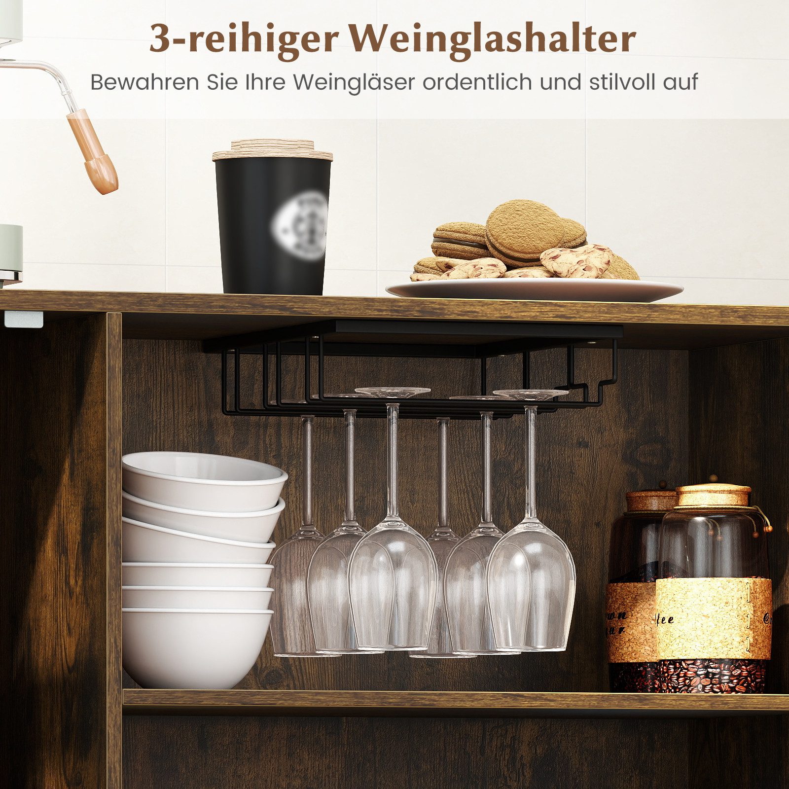 COSTWAY Küchenbuffet Sideboard Holz mit Glastür, Weinglashaltern