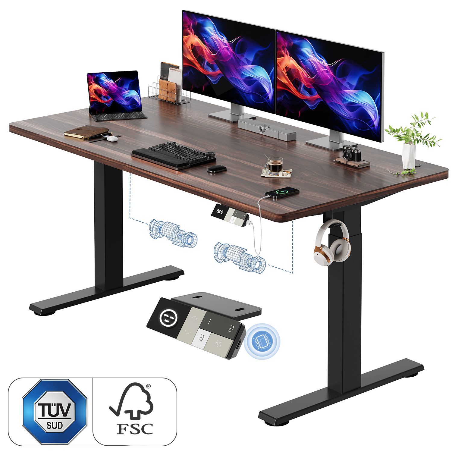 HOMALL Schreibtisch Höhenverstellbarer Schreibtisch elektrischer mit 2 Motoren (25 mm dicke, nahtlose, monolithische Tischplatten Keine gespleißten Platten Vielseitig und hochwertig,Erinnerung bei längerem Stehen)