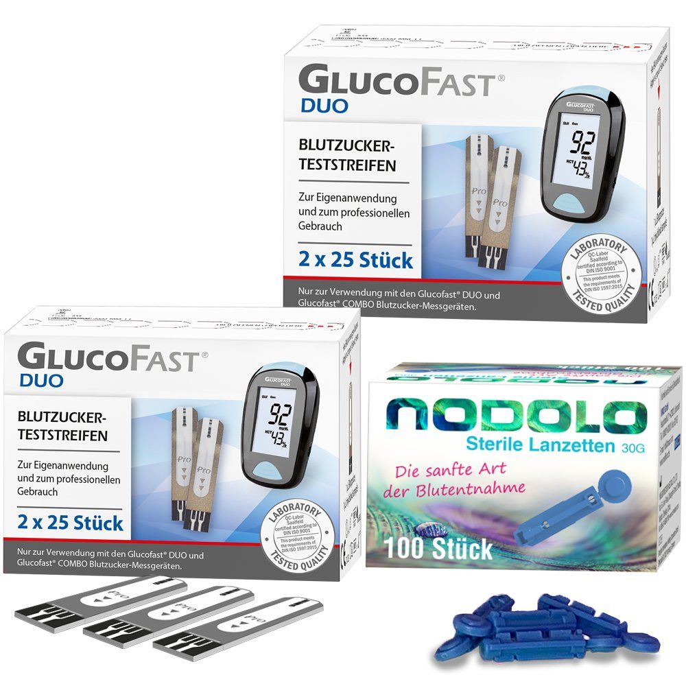 GLUCOFAST Blutzucker-Teststreifen DUO, 100 Diabetes Teststreifen und 100 Nodolo Lanzetten, 1-tlg., Für das Glucofast DUO