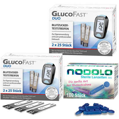 GLUCOFAST Blutzucker-Teststreifen DUO, 100 Diabetes Teststreifen und 100 Nodolo Lanzetten 1-St., Für das Glucofast DUO