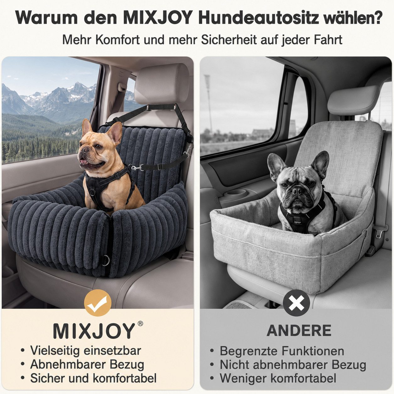 AIMAX Hunde-Autositz 48 × 48 × 38 cm für kleine bis mittlere Hunde, Waschbarer Hundesitz Auto mit Griff, 2-in-1 Hundebett, Grau