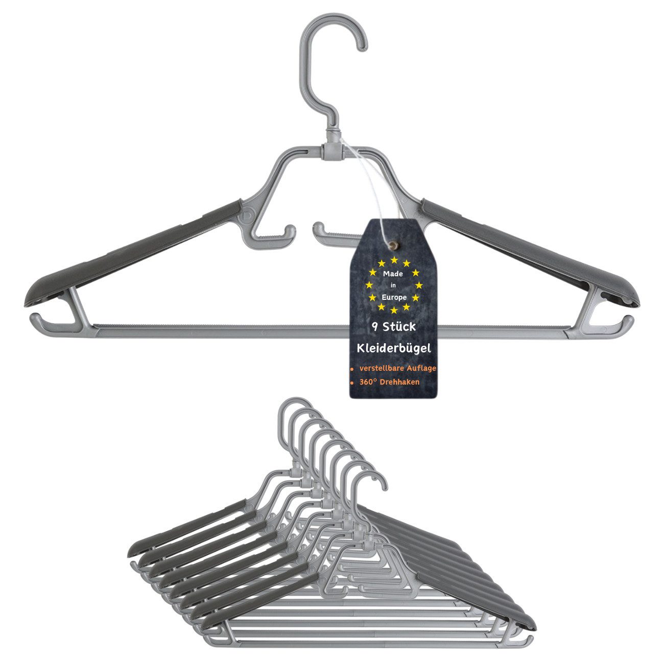 Engelland Kleiderbügel mit drehbarem/einklappbarem Haken sowie ausziehbarer Schulterauflage, (Vorteils-Set, 9-tlg), rutschfest, stabil, Kunststoff, für Mäntel, Hosen, Blusen, Anzüge uvm.