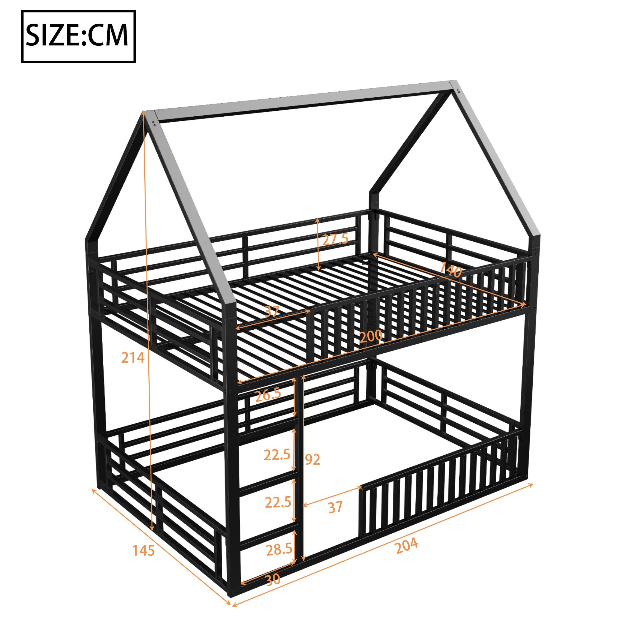 Merax Etagenbett mit LED-Beleuchtung (Hochbett Kinderhaus Hausbett, 1-St), Metallbett Kinderbett 140x200cm mit Zaungeländer Spielbereich Dach – Bild 5 von 5