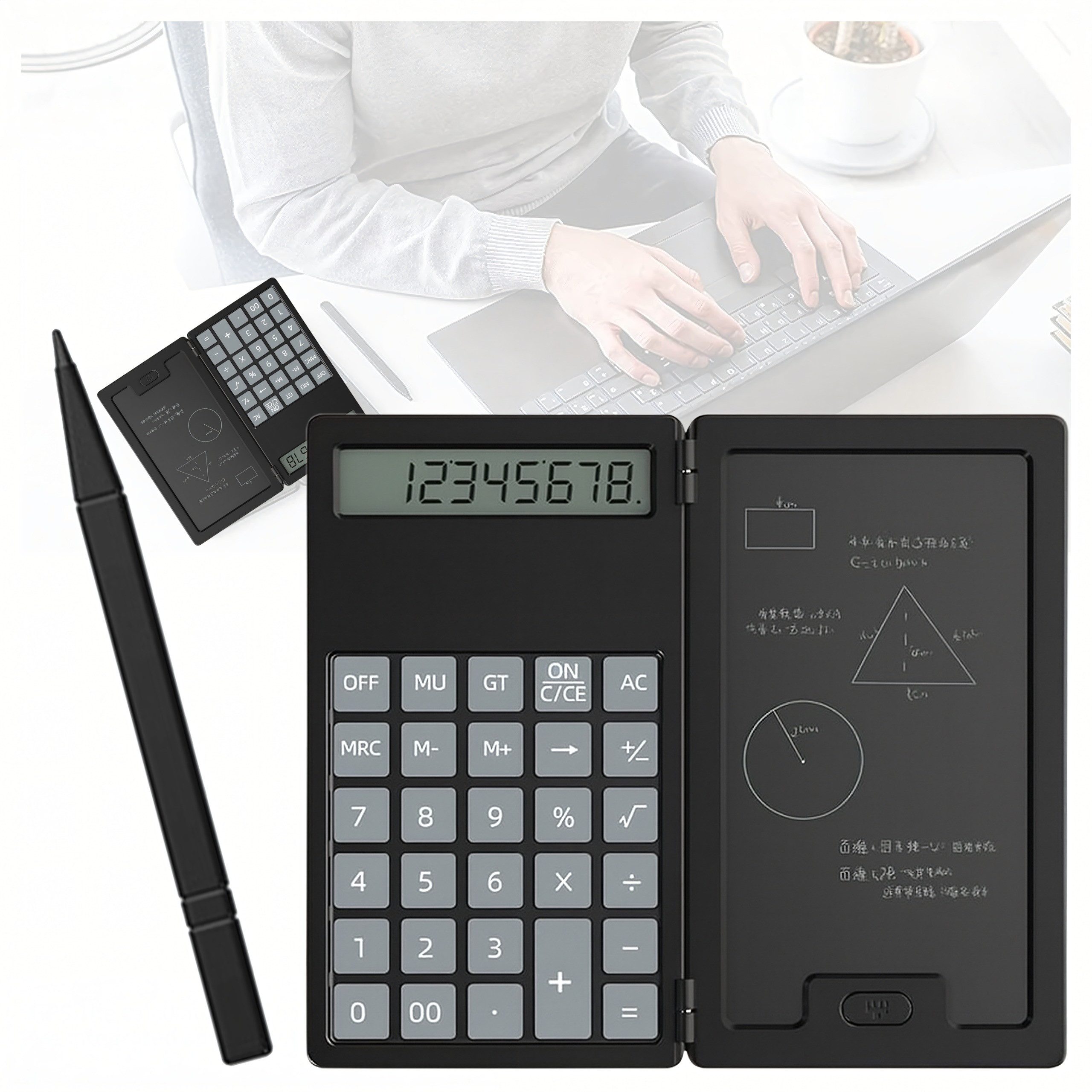 Realb2b Taschenrechner Taschenrechner 2in1 mit Notizfunktion LCD Rechner mit Stift, LCD Display Notizfeld Stift klappbar kompakt Batterie Rechner
