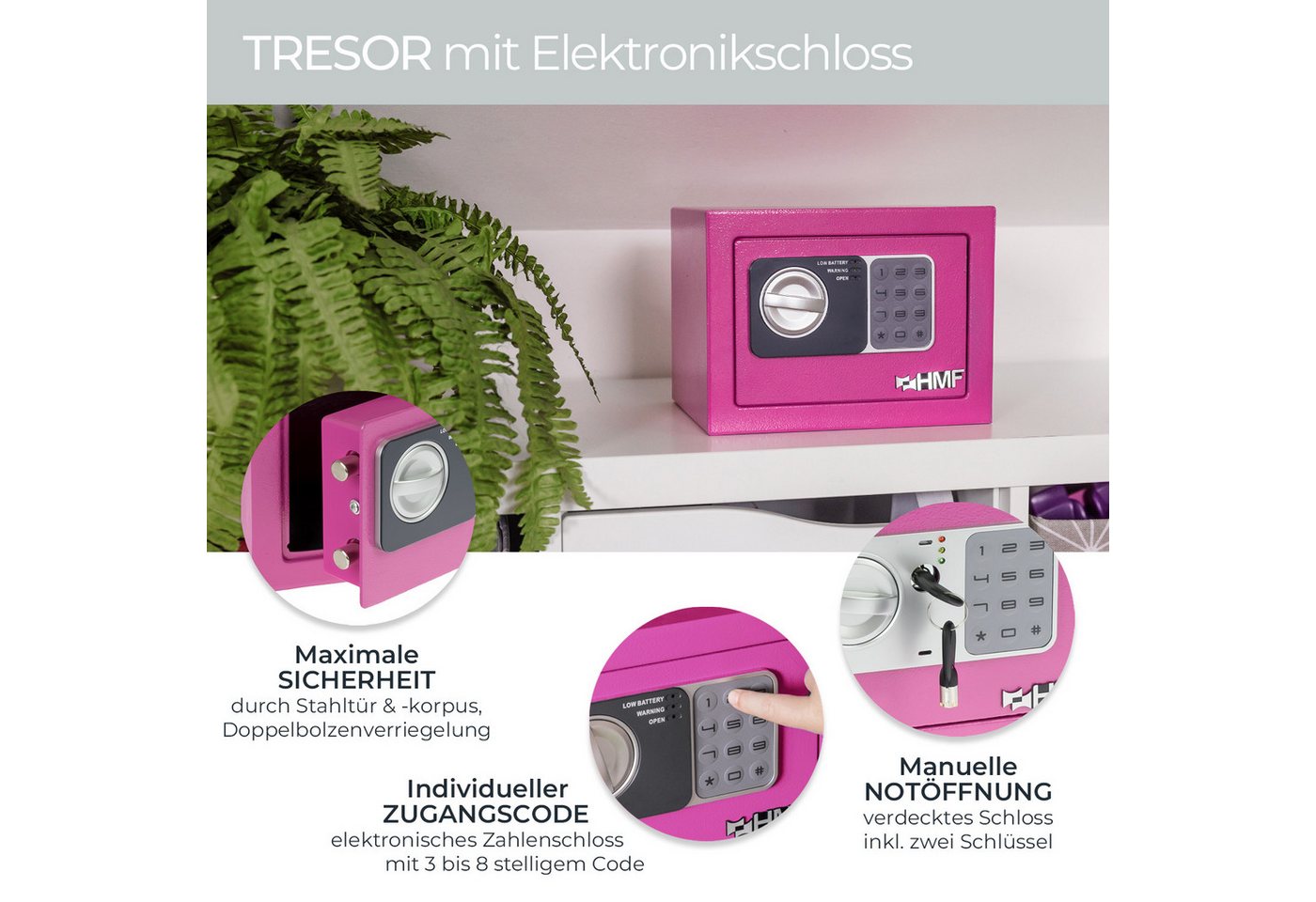 Thumbnail - HMF Möbeltresor Robuster Tresor aus Stahl, Schließfach mit Elektronischem Schloss, 23 x 17 x 17 cm, pink