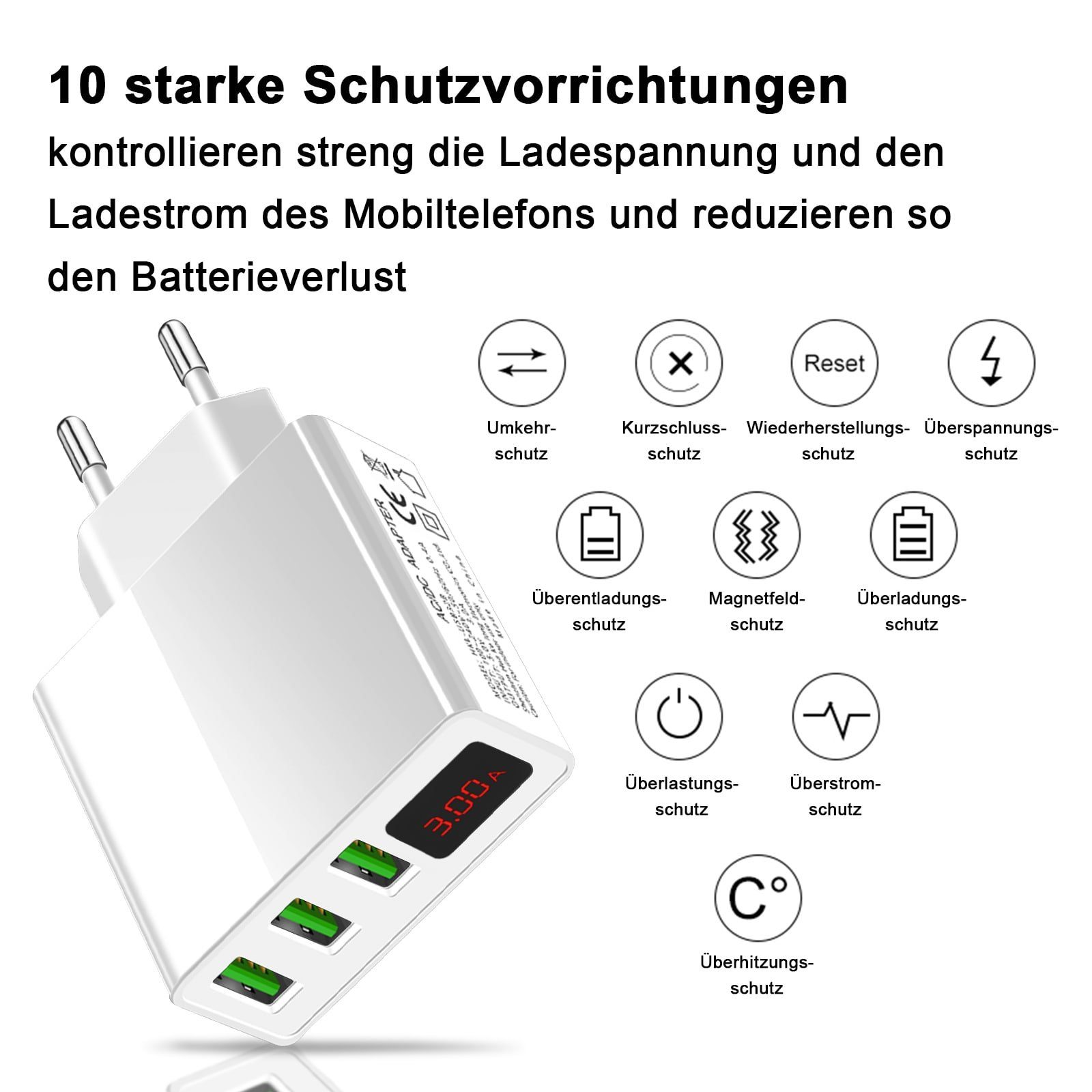 EAXUS 3A USB Netzteil mit Schnellladefunktion und Display USB-Ladegerät (3000,00 mA, 2-tlg., Zeigt Ladegeschwindigkeit an, 3 USB Ports für gleichzeitiges Laden)