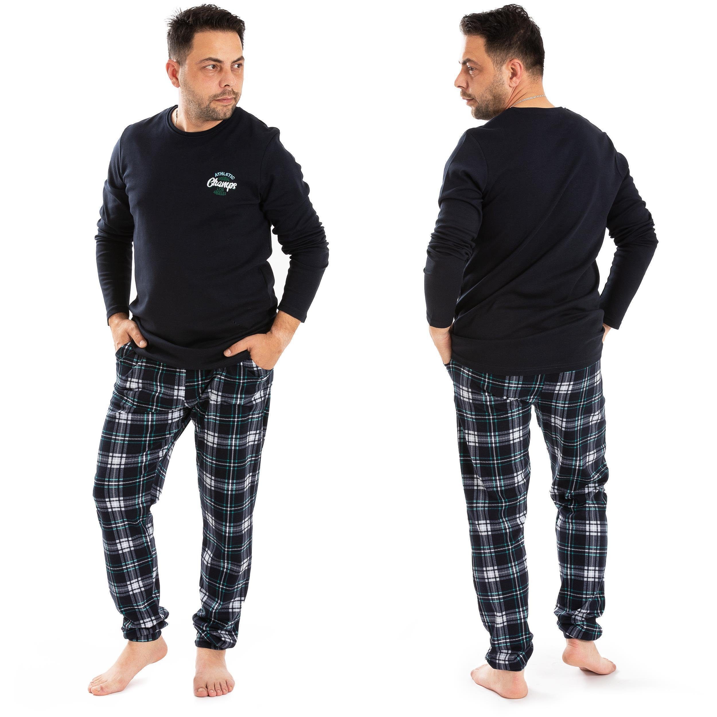 LOREZA Pyjama Herren Schlafanzug Hausanzug langarm 100% Baumwolle Interlock  kariert (Set, 2 tlg)