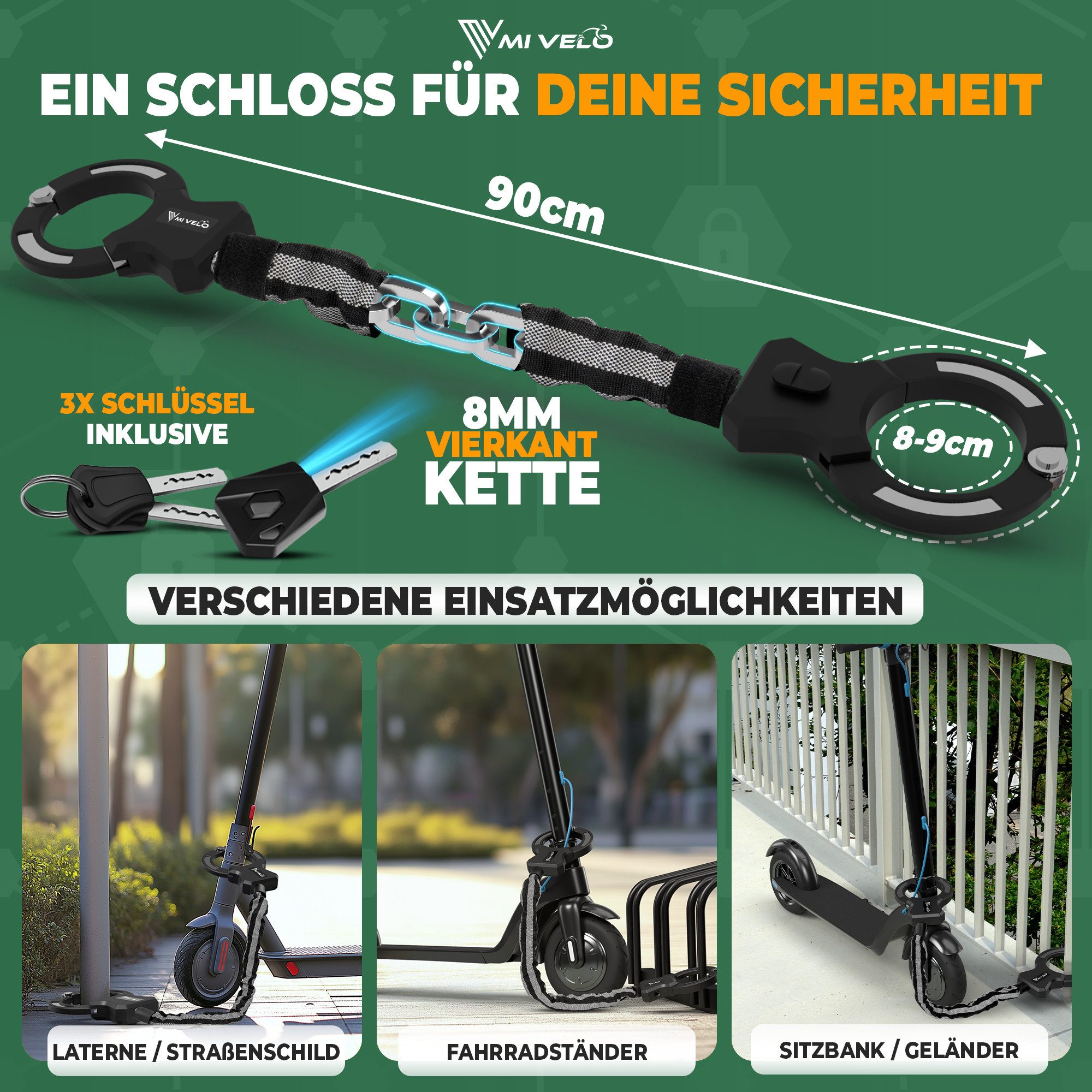 MIVELO Kettenschloss MIVELO HANDSCHELLENSCHLOSS für E-Scooter und Fahrrad 90cm, 8 mm Vierkant Stahlkette