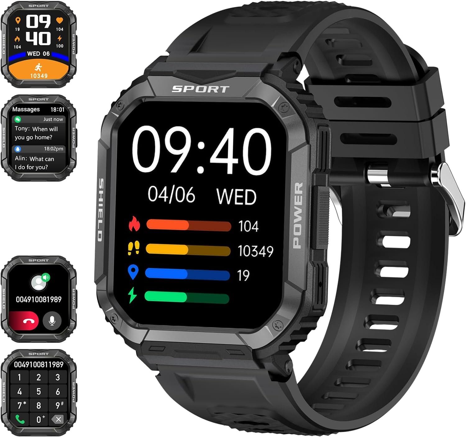 ECOSOON Smartwatch (1,85 Zoll, Android iOS), Smartwatch herren mit  telefonfunktion harter bildschirm militär Uhr