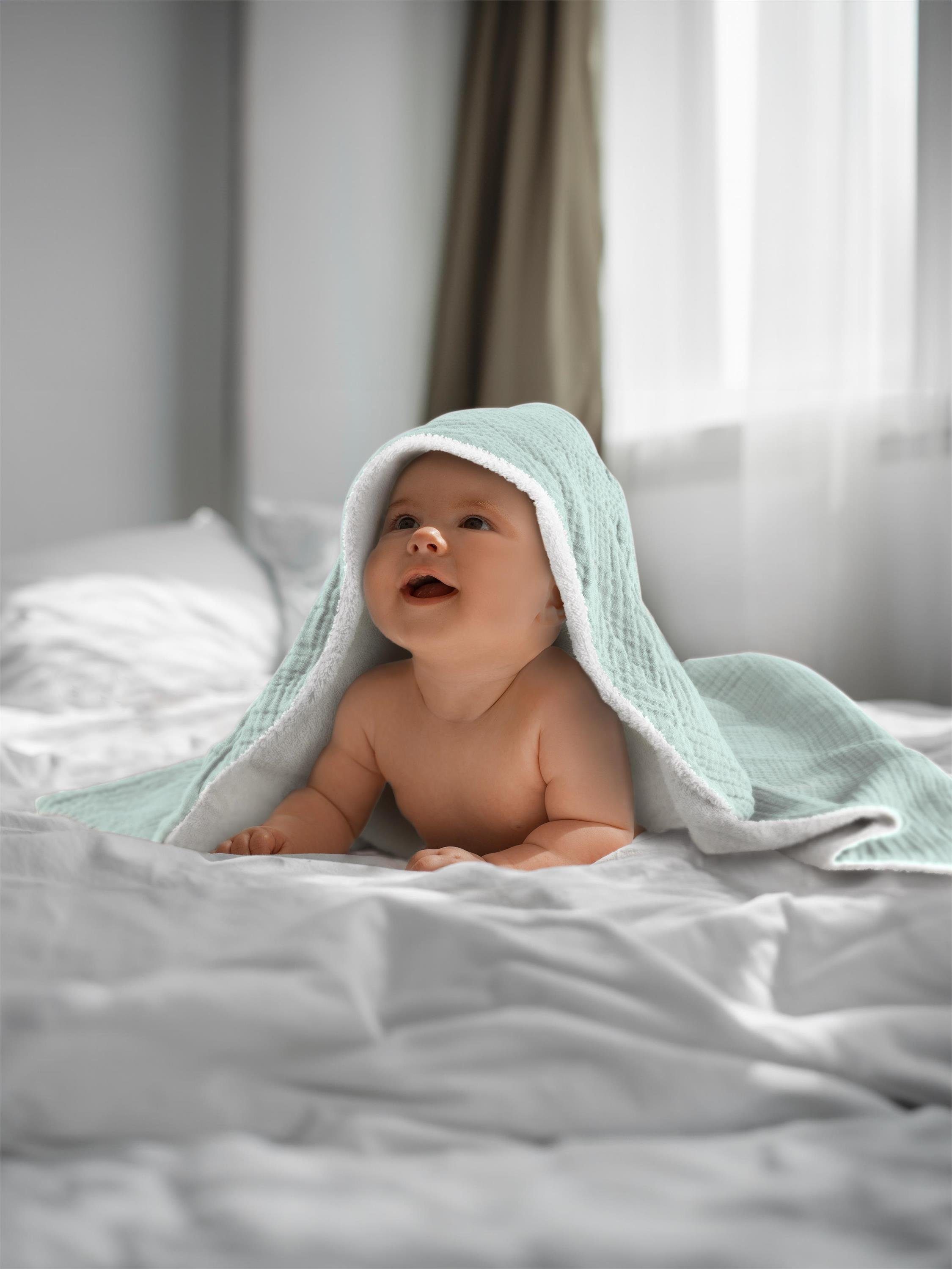 Bio-Baumwolle, Frottee, Kapuzenhandtuch 2x Musselin Material weichem aus Minze Wickeltücher Aspero Kapuzentücher Baby Baby aus