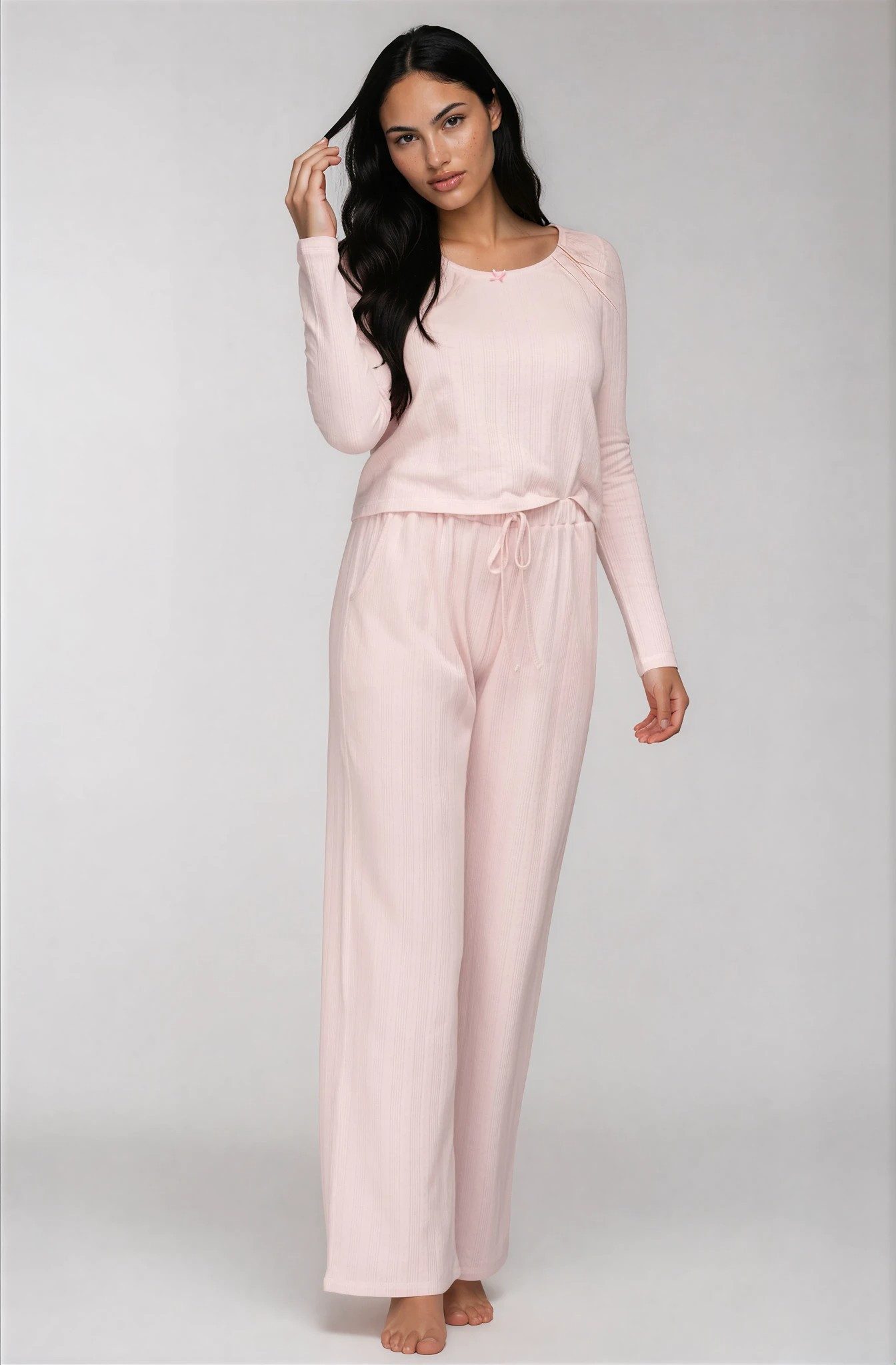 Mademoiselle Sommeil Pyjama Damen Schlafanzug aus Rosé Pointelle-Strick 100% Baumwolle, Langarm, weich & atmungsaktiv, gefertigt in Polen