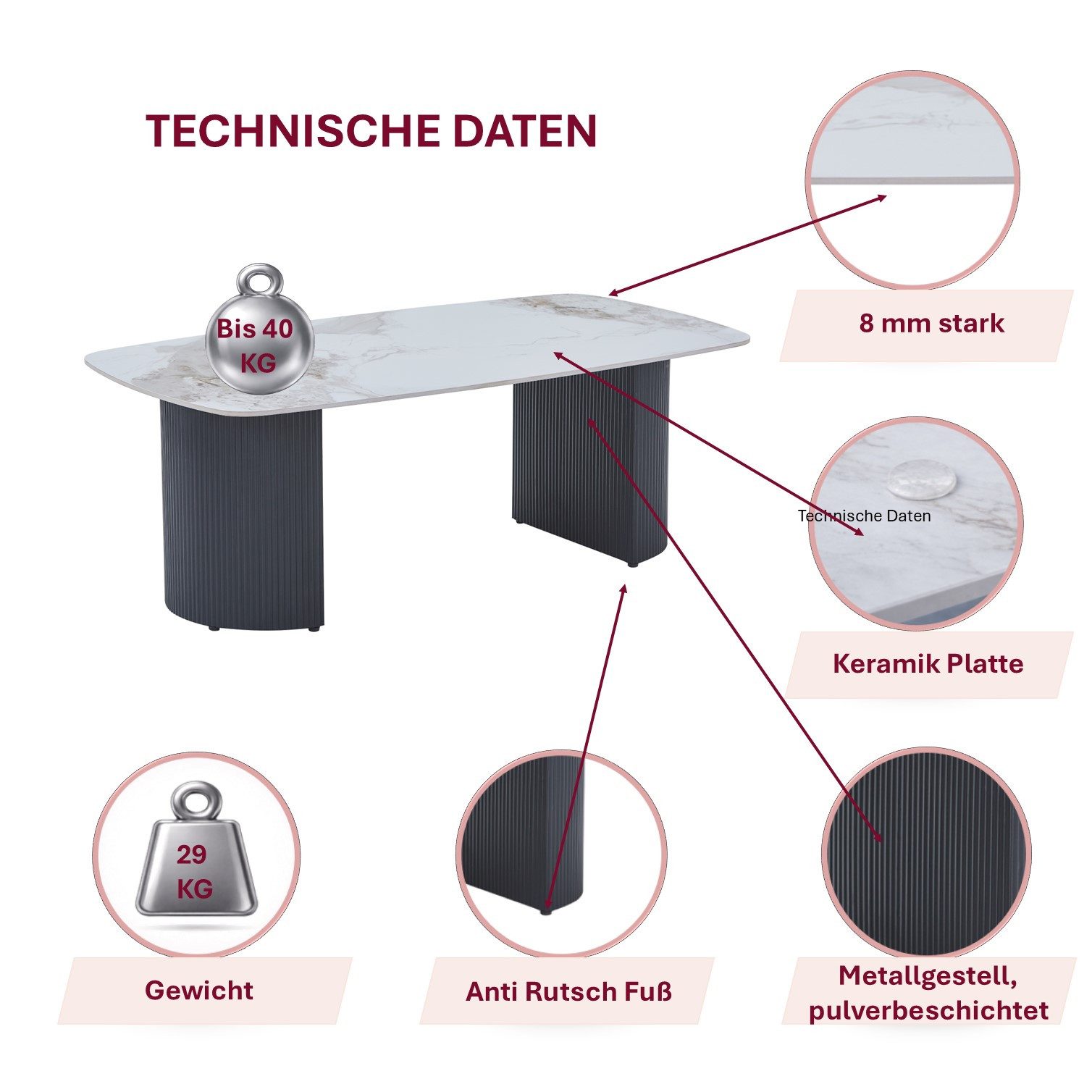 HOOZ Wohnzimmertisch Couchtisch Set 130x70 cm Schwarz – moderner Sofatisch, Keramik (Einzelprodukt, 1× Couchtisch), Keramik-Tischplatte, Travertin-Optik (marmoriert), pflegeleicht