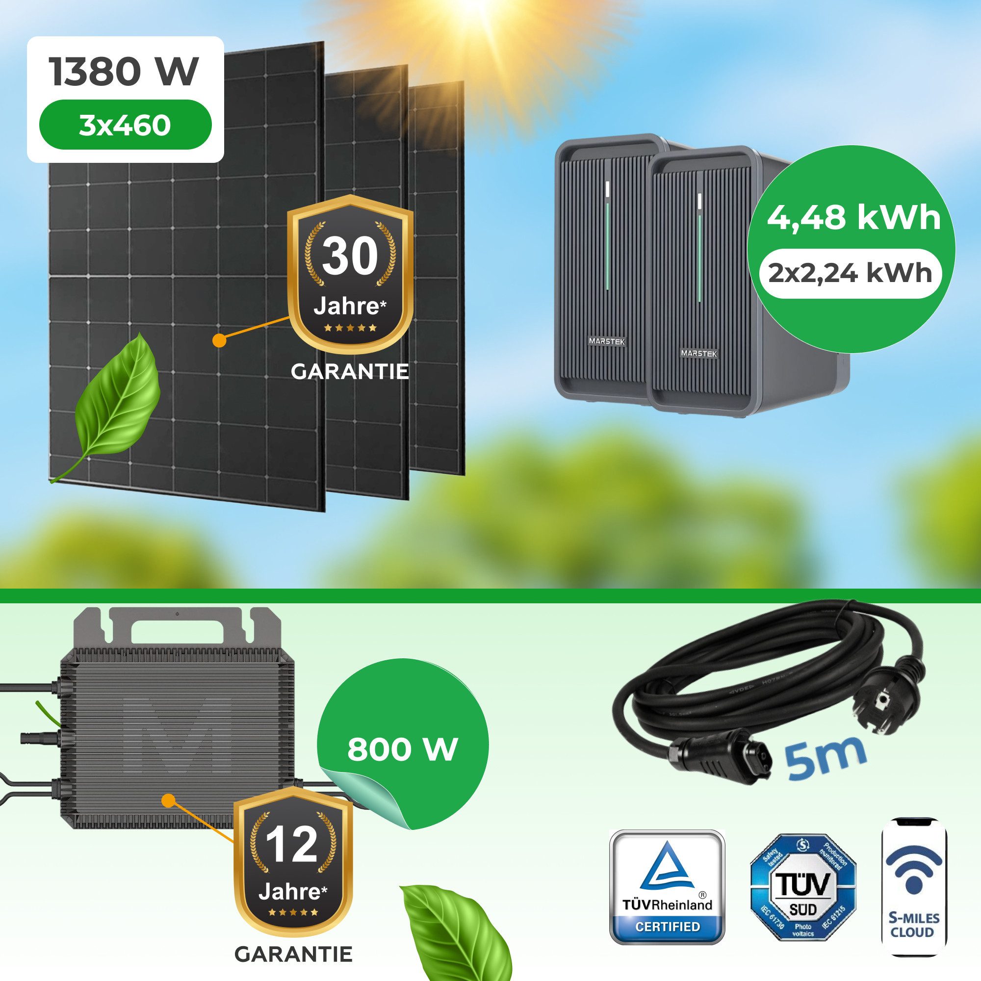 Paket.ag Balkonkraftwerk 1380W mit 4,48 kWh Speicher & 800 W Wechselrichter–Höchste Effizienz, (1-St)