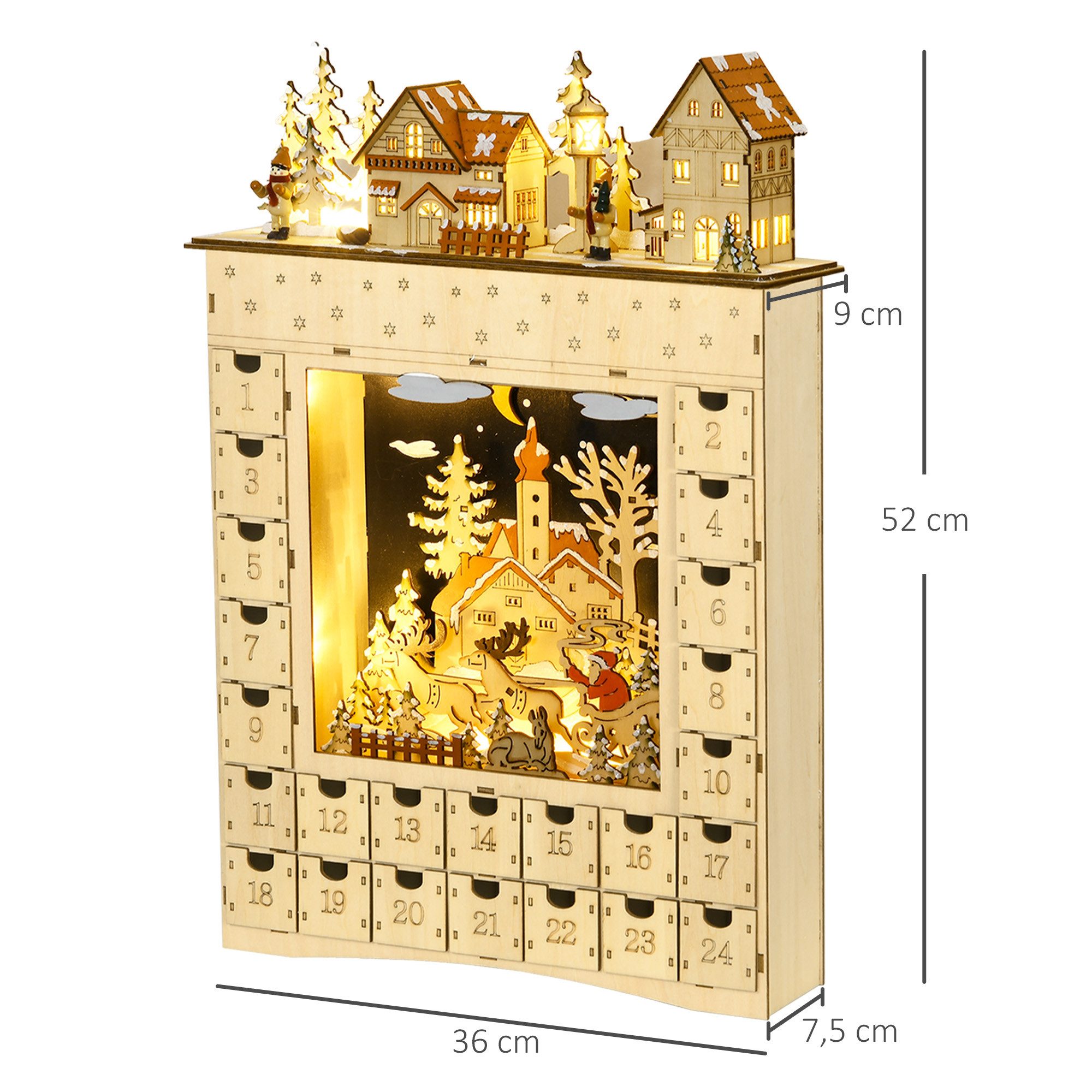 HOMCOM Weihnachtsdorf LED-Lichter, wiederverwendbar, 24-Tage-Countdown-Schublade, Naturholz