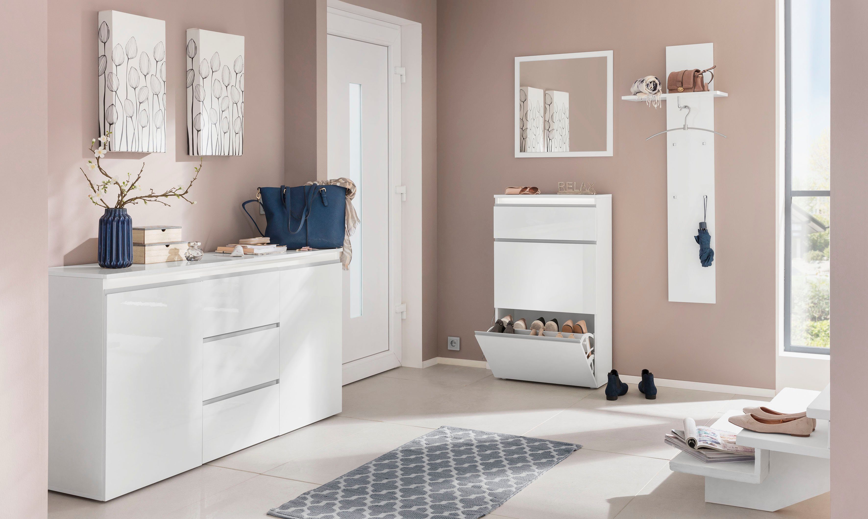 Home affaire Schuhschrank Magic Schuhschrank, Schuhkommode, Schuhregal, Schuhkipper, softgriff 3 Klappen, Doppelschuhtrommeln komplett Hochglanz lackiert Breite – Bild 5 von 5