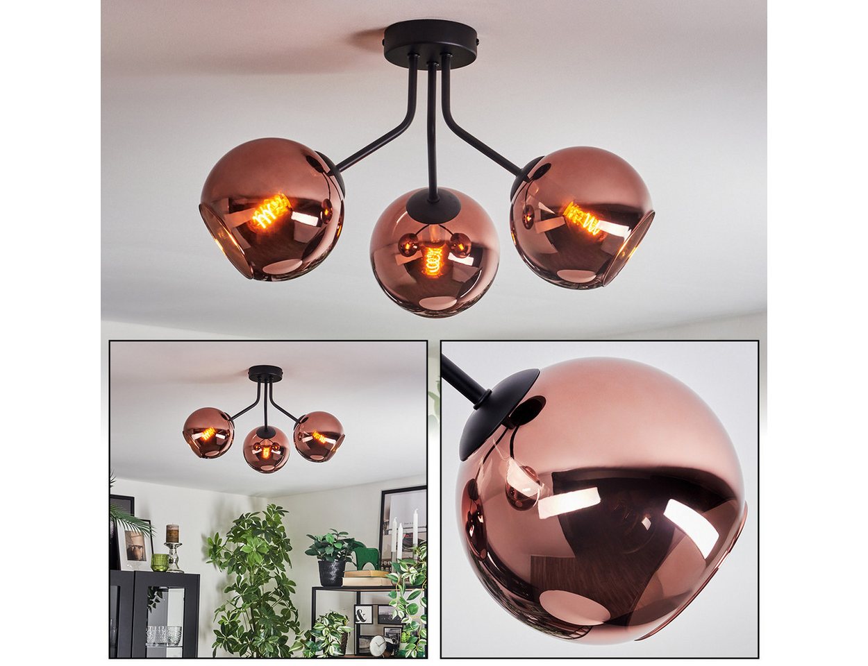 hofstein Deckenleuchte Deckenlampe aus Metall/Glas in Schwarz/Kupferfarben, Deckenleuchte im Retro/Vintage-Design (Schirme Ø 15 cm), 3 x E14