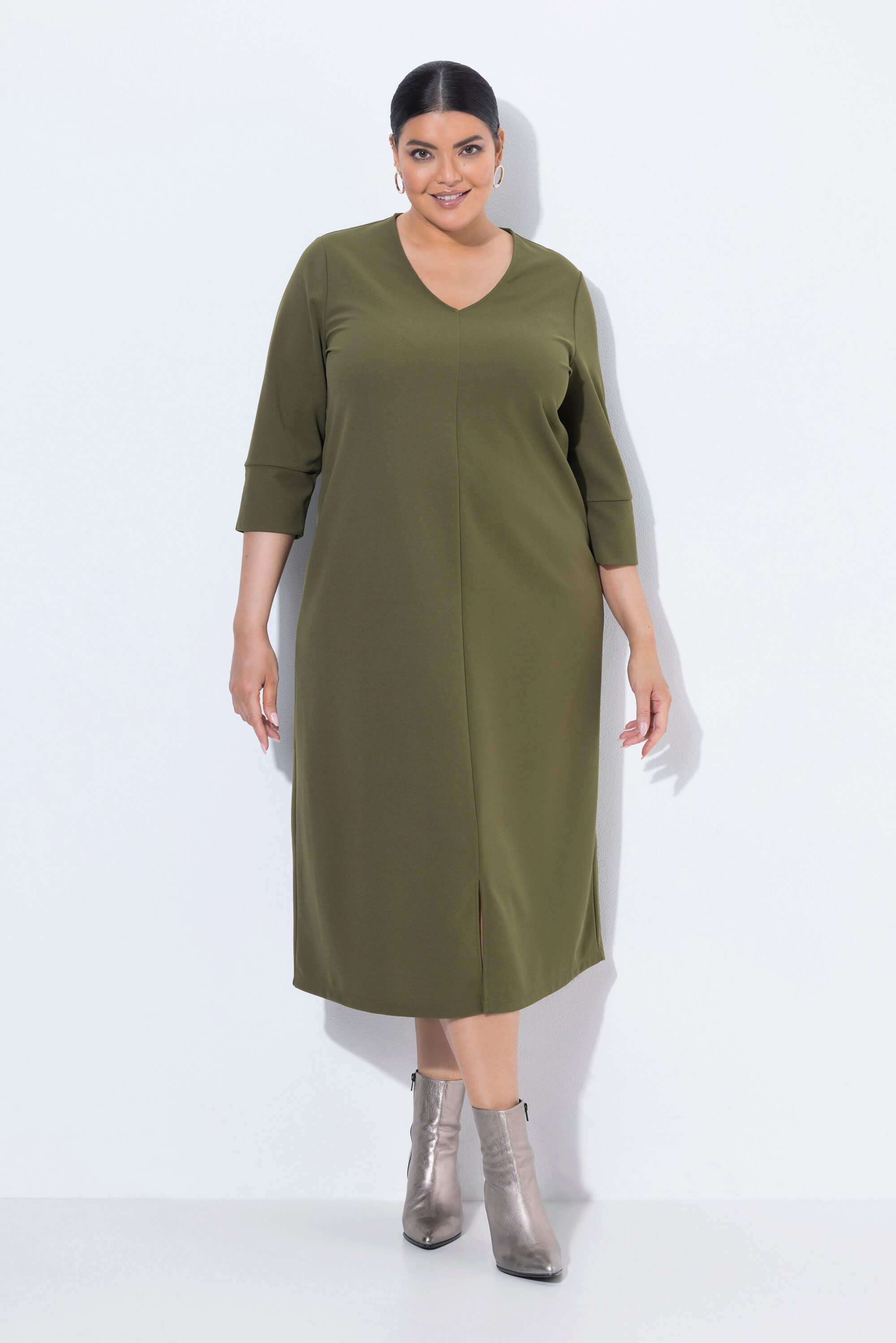 Ulla Popken Midikleid Midikleid Ziernaht V-Ausschnitt 3/4-Arm Taschen