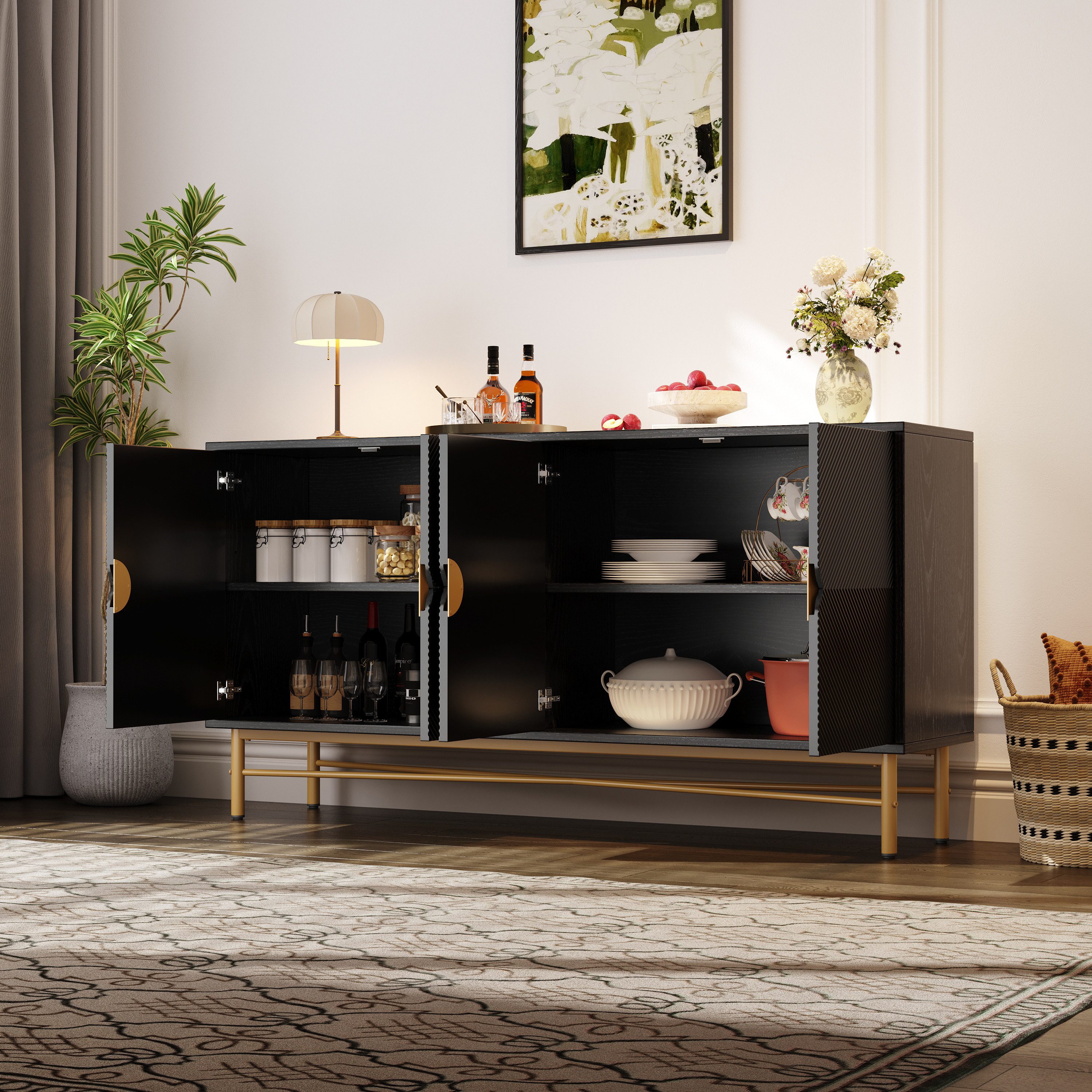 Merax Sideboard Kommode 160 cm, mit 4 Türen, Goldenes Bein (1 St., für Wohnzimmer & Esszimmer), Anrichte mit Verstellbare Einlegeböden