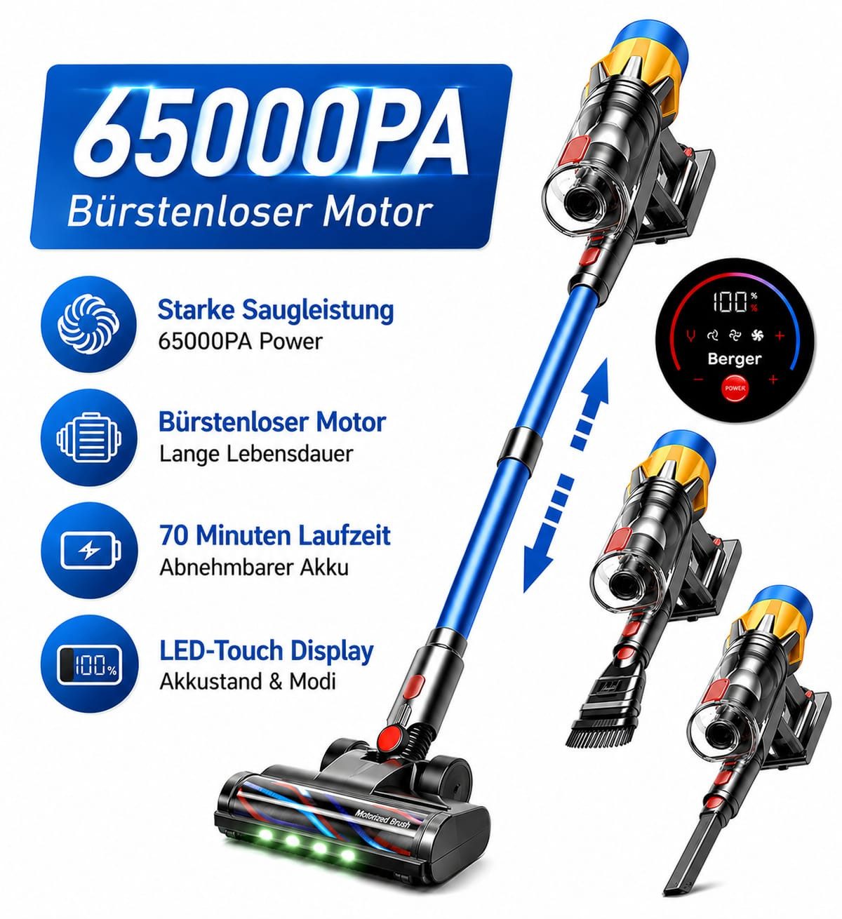 BERGER ELECTRONICS Akku-Stielstaubsauger Akku Staubsauger, Staubsauger Kabellos, 65000 Pa/600W, 70min Laufzeit, 600 W, beutellos, Bodenstaubsauger, Hochwertige Verarbeitung