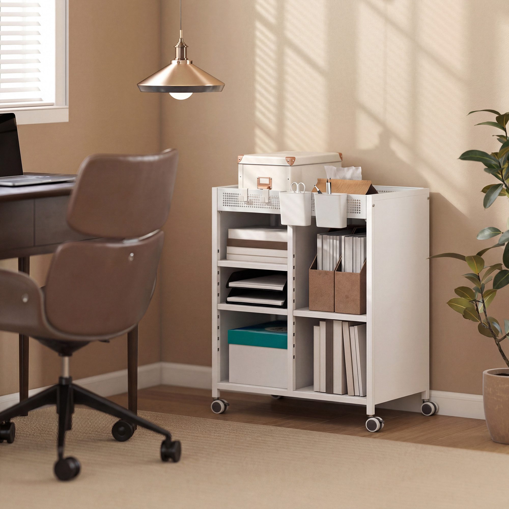 HOMCOM Bücherregal Hängekörben und Haken, Bürowagen 1-tlg., Mobiler Bücherwagen mit verstellbaren Regalböden.