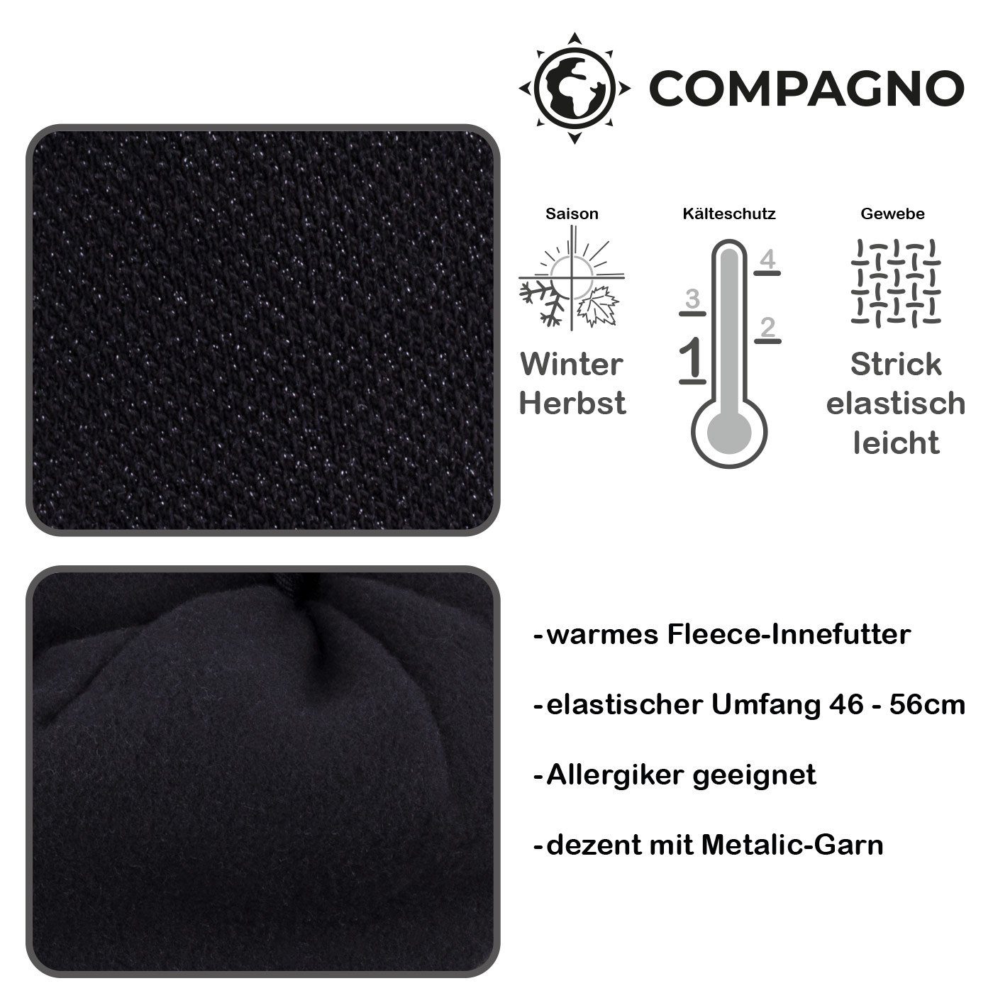 compagno Strickmütze (1-St) Damen Beanie Wintermütze Metallic-Garn gefüttert Fleecefutter