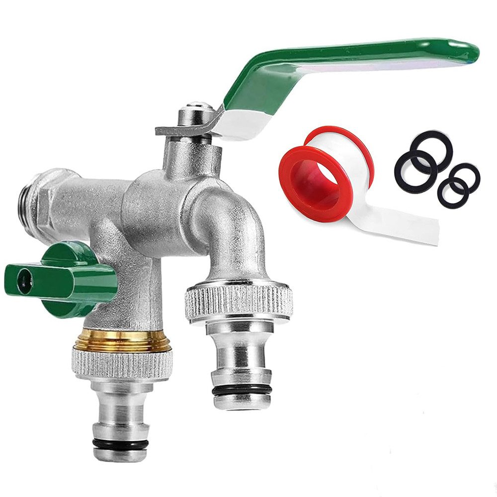 TUWENA Absperrventil Doppel Auslaufhahn, Garten Wasserhahn 1/2 Zoll & 3/4 Zoll Kugelhahn, Messing Rost-und Frostsicher, 2 Schlauchanschlüsse, 1 Rollendichtband