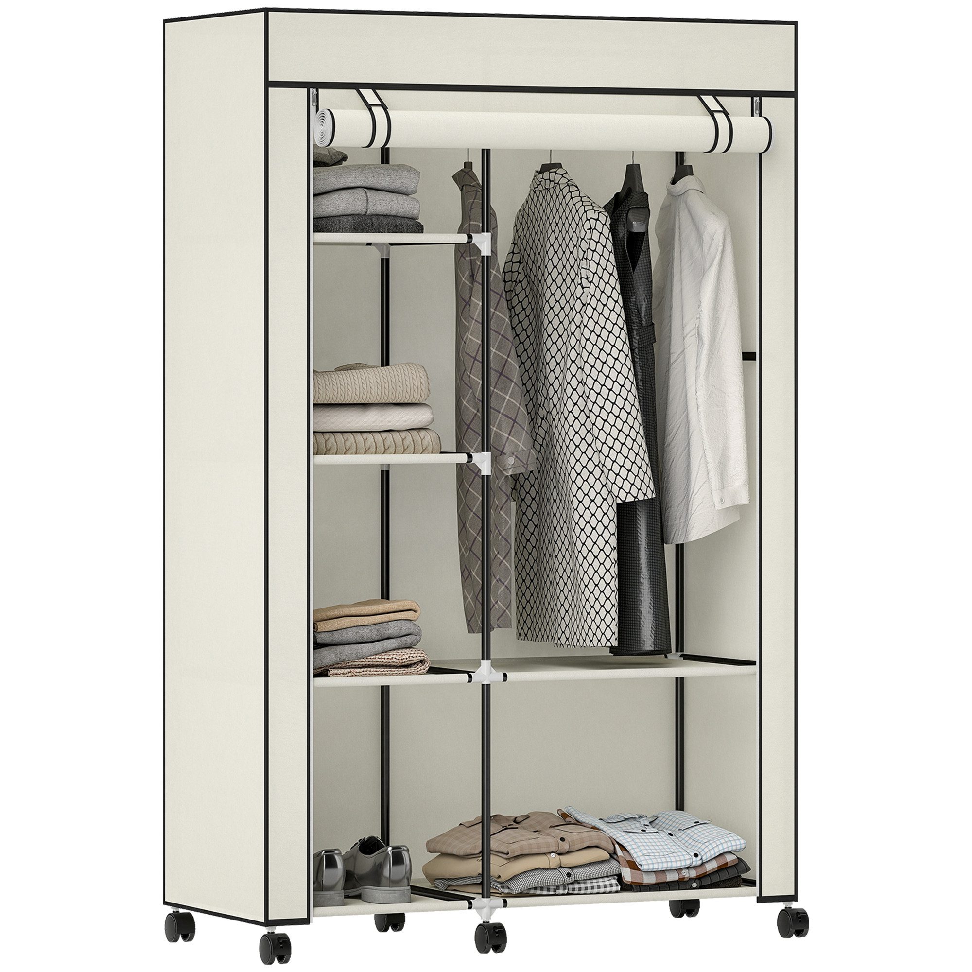 FELIXLEO Stoffschrank Schrank aus Stoff Aufbewahrungslösung 6 Regale 1 Kleiderstange Creme (1-St)