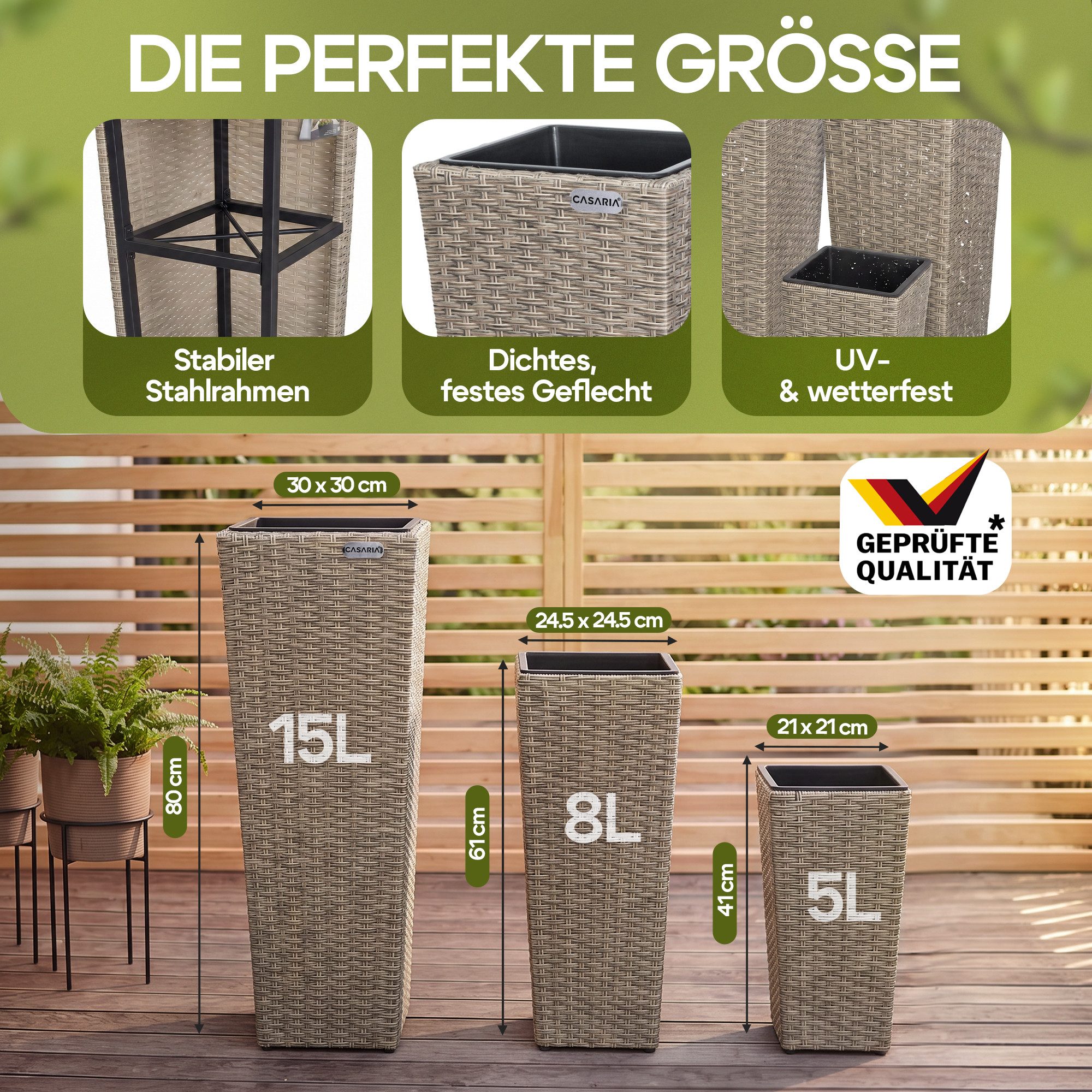 Casaria Pflanzkübel, Casaria Blumentopf 3er Set Polyrattangeflecht Übertopf Wasserabfluss