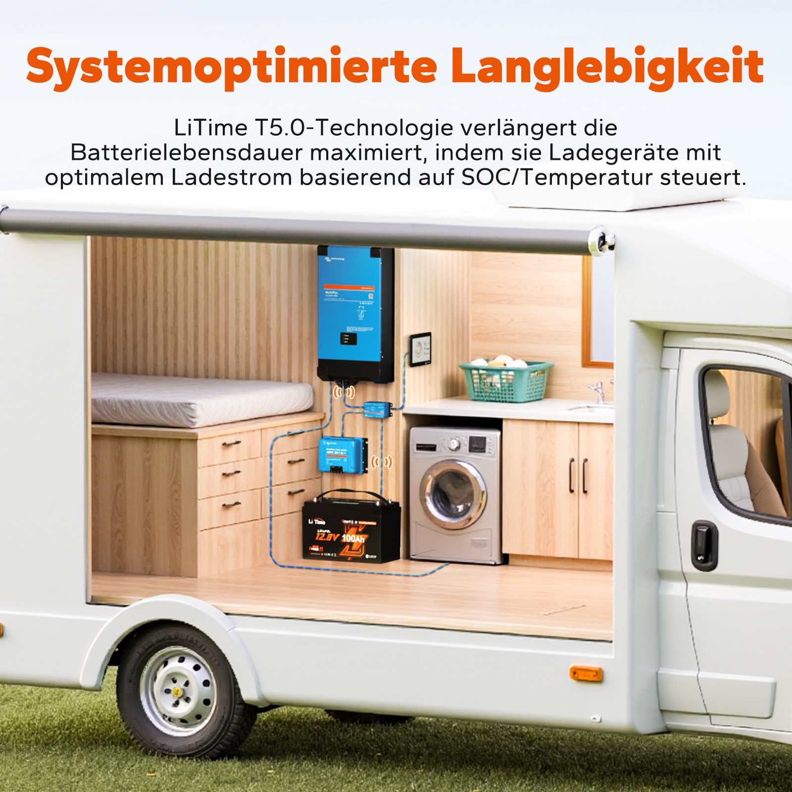 LiTime 12V 100Ah Smart ComFlex LiFePO4 Batterie 1280Wh Solarakkus (12 V), Victron-kompatibel, ideal für Wohnmobil-, Solar- und Off-Grid-Systeme