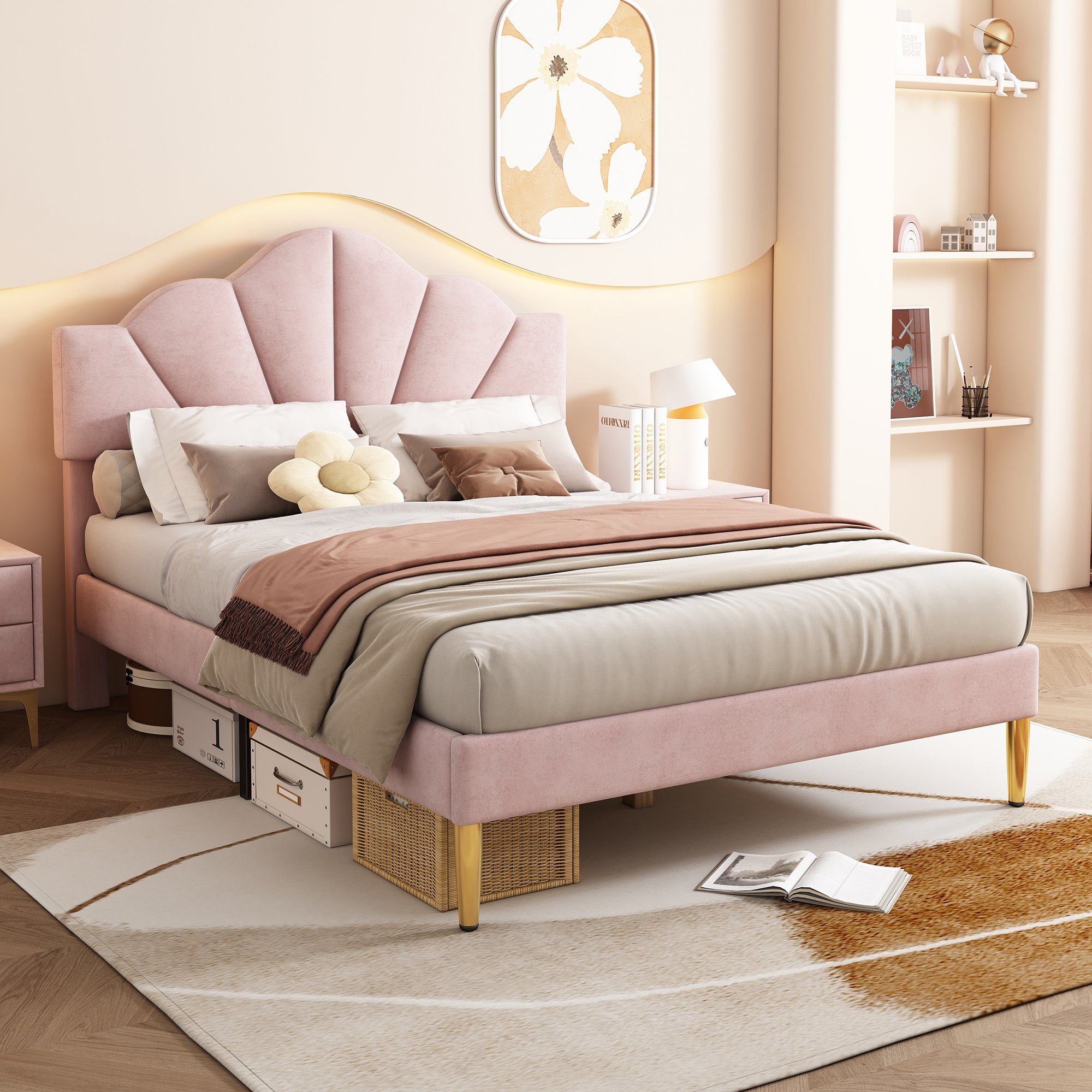 REDOM Polsterbett muschelartiges Bett (140 X 200 CM Ohne Matratze), Höhenverstellbares Kopfteil,Bett mit goldenen Eisenbeinen Rosa