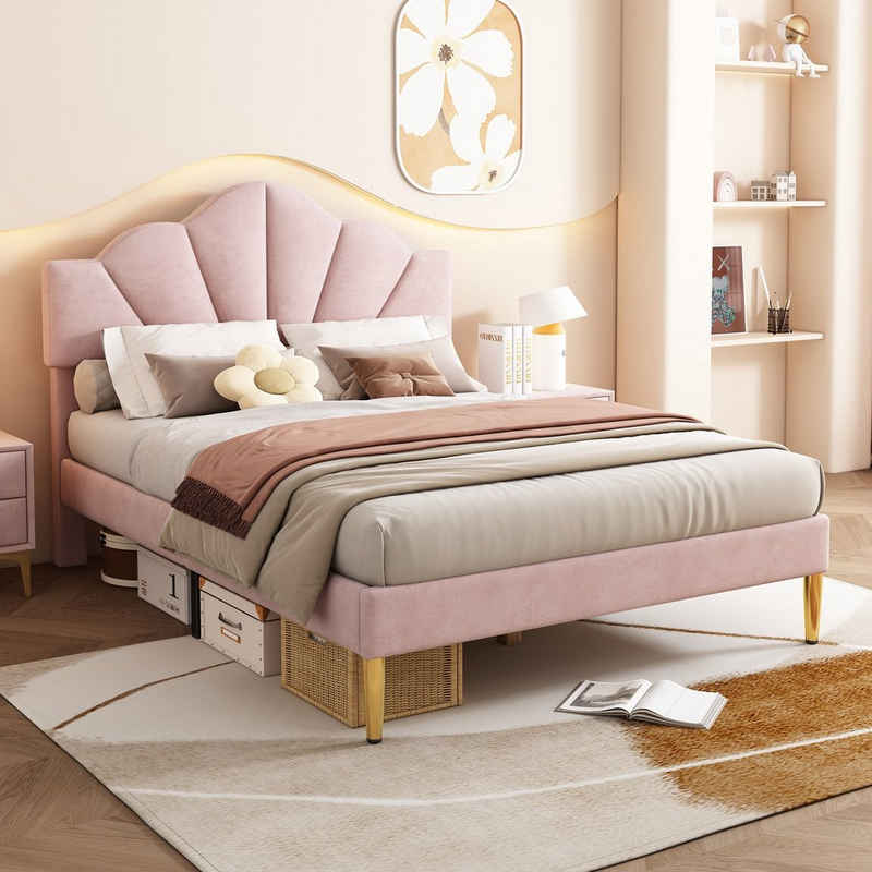 REDOM Polsterbett muschelartiges Bett (140 X 200 CM Ohne Matratze), Höhenverstellbares Kopfteil,Bett mit goldenen Eisenbeinen