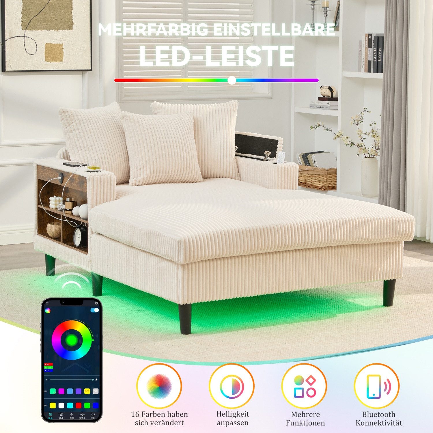 ANYSUN Sessel Cord-Schlafsofa,Relaxsessel Cord,Lesesessel bequem, (mit Chaiselongue & großer Liegefläche, LED-Beleuchtung, Stauraum), Multifunktionale Cord-Lounge,fur Wohnzimmer, Büro & Wohnung,Apartment