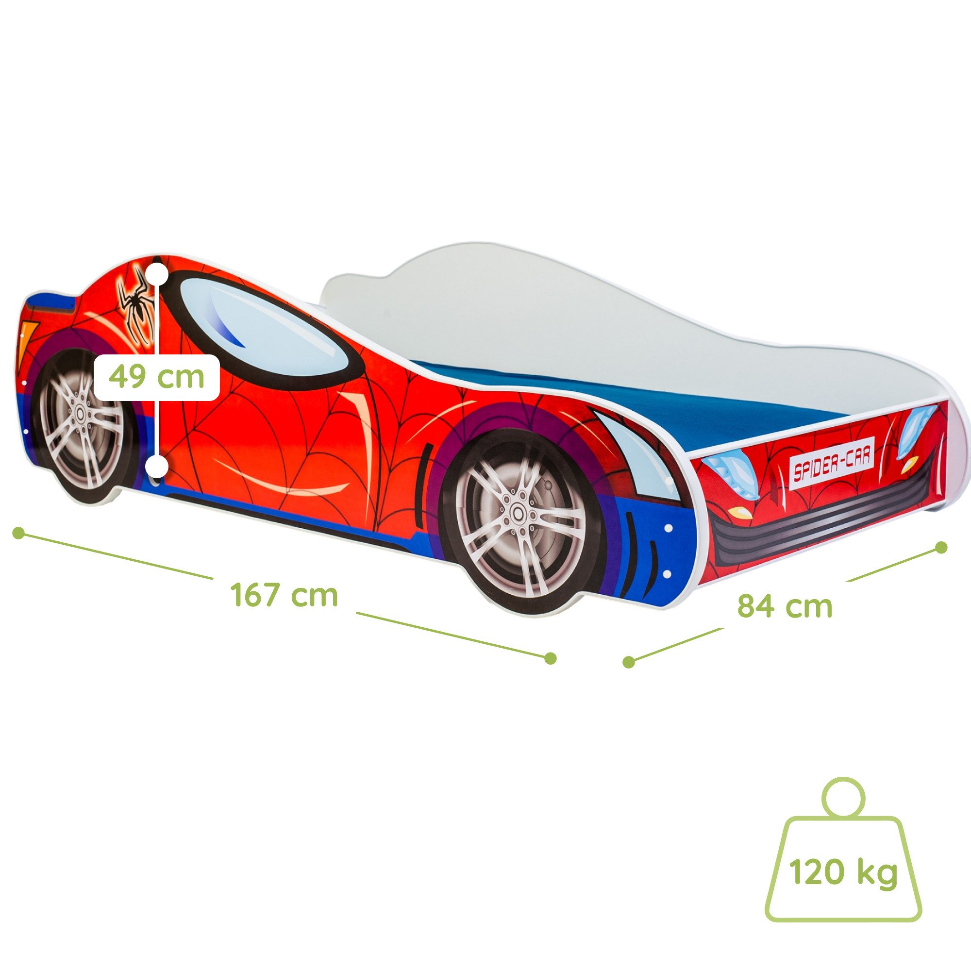 Kids Collective Kinderbett Kinderbett Jugendbett Spider 70x140, 80x160 cm mit Rausfallschutz, autobett mit Lattenrost und Fallschutz 80x160 cm