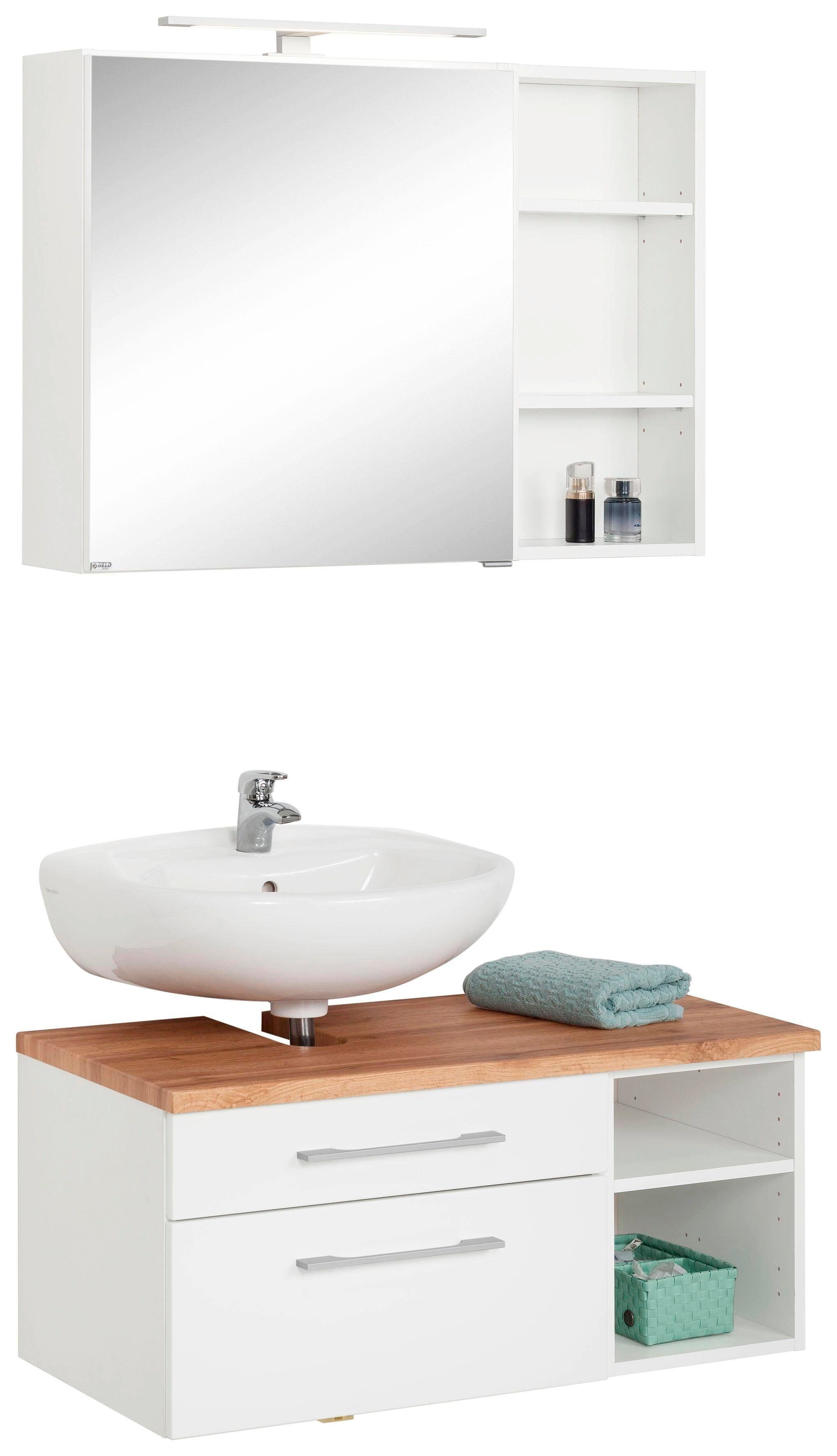 welltime Badmöbel-Set Davos, (3-St), mit LED-Beleuchtung, Hängeschrank und Waschbeckenunterschrank