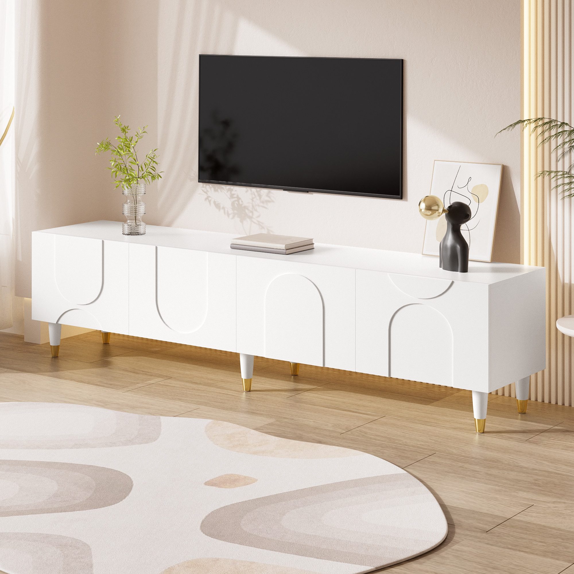 STILVORA Lowboard TV-Schrank in Weiß TV Stander mit Massivholzbeine (4 Türen, asymmetrisches Relief, Kabeldurchlass, Massivholzbeine, offene Fächer, pflegeleicht, stabile Konstruktion), für Wohnzimmer, TV-Bereiche und moderne Wohnräume
