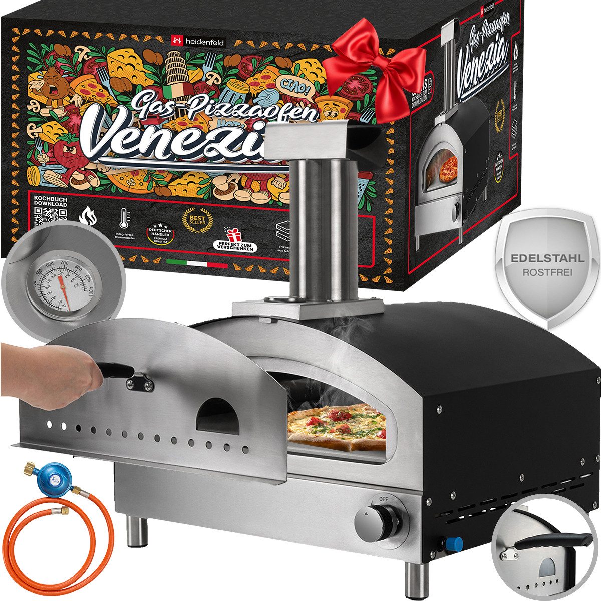 Heidenfeld Gas-Pizzaofen Gas Pizzaofen Venezia inkl. Pizzastein - Gasofen bis 500°C, Edelstahl Brot Backofen - Outdoor Gas Ofen - Pizzagrill, perfekte Hitzedämmung - Sichtfenster - leichte und schnelle Reinigung, Pizzamaker - Thermometer bis 540°C - Edelstahl-Schlot mit Regenschutz