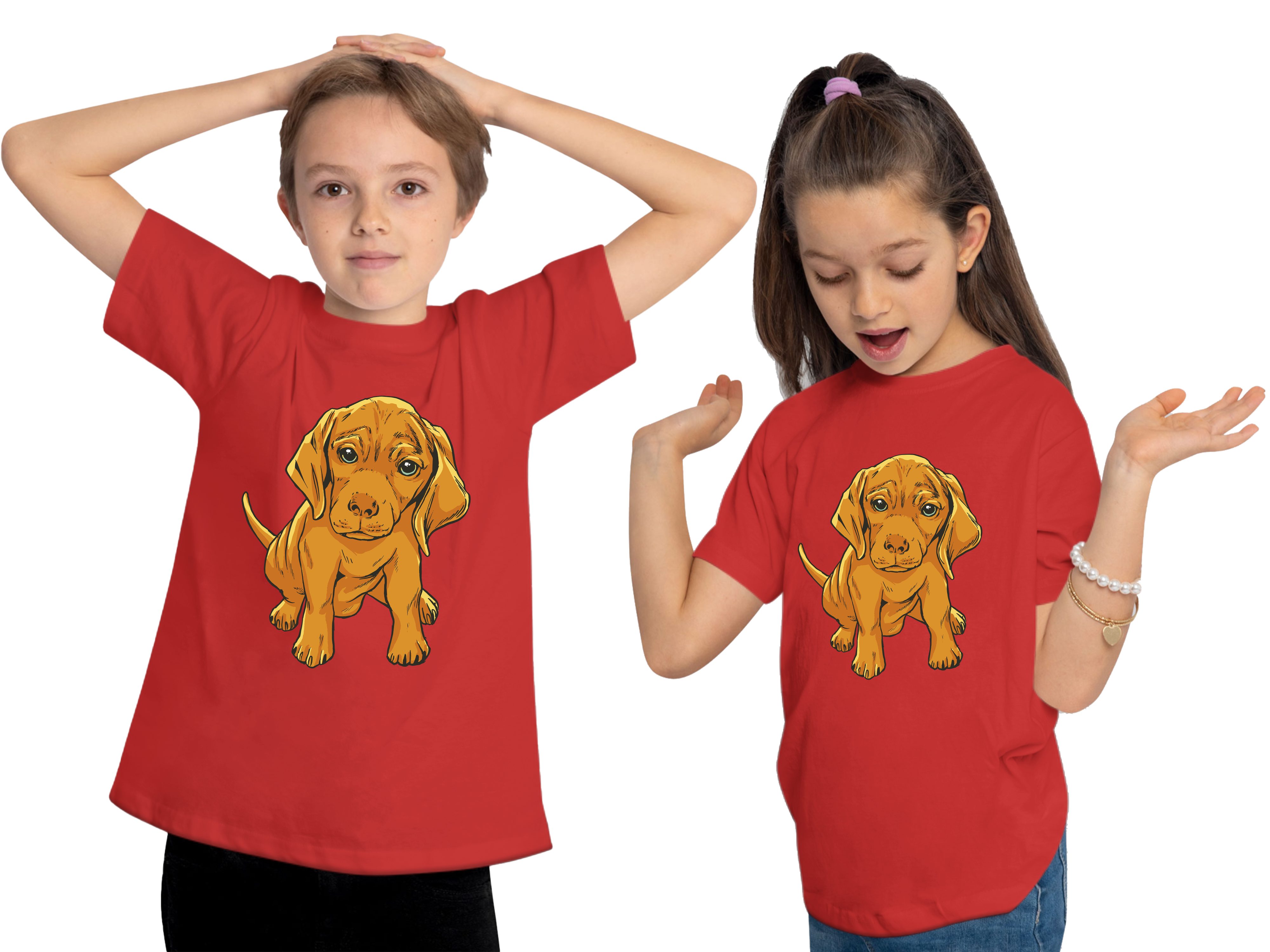 MyDesign24 Print-Shirt bedruckt - Süßer Baumwollshirt rot Hunde Welpe Aufdruck, T-Shirt Kinder mit i230
