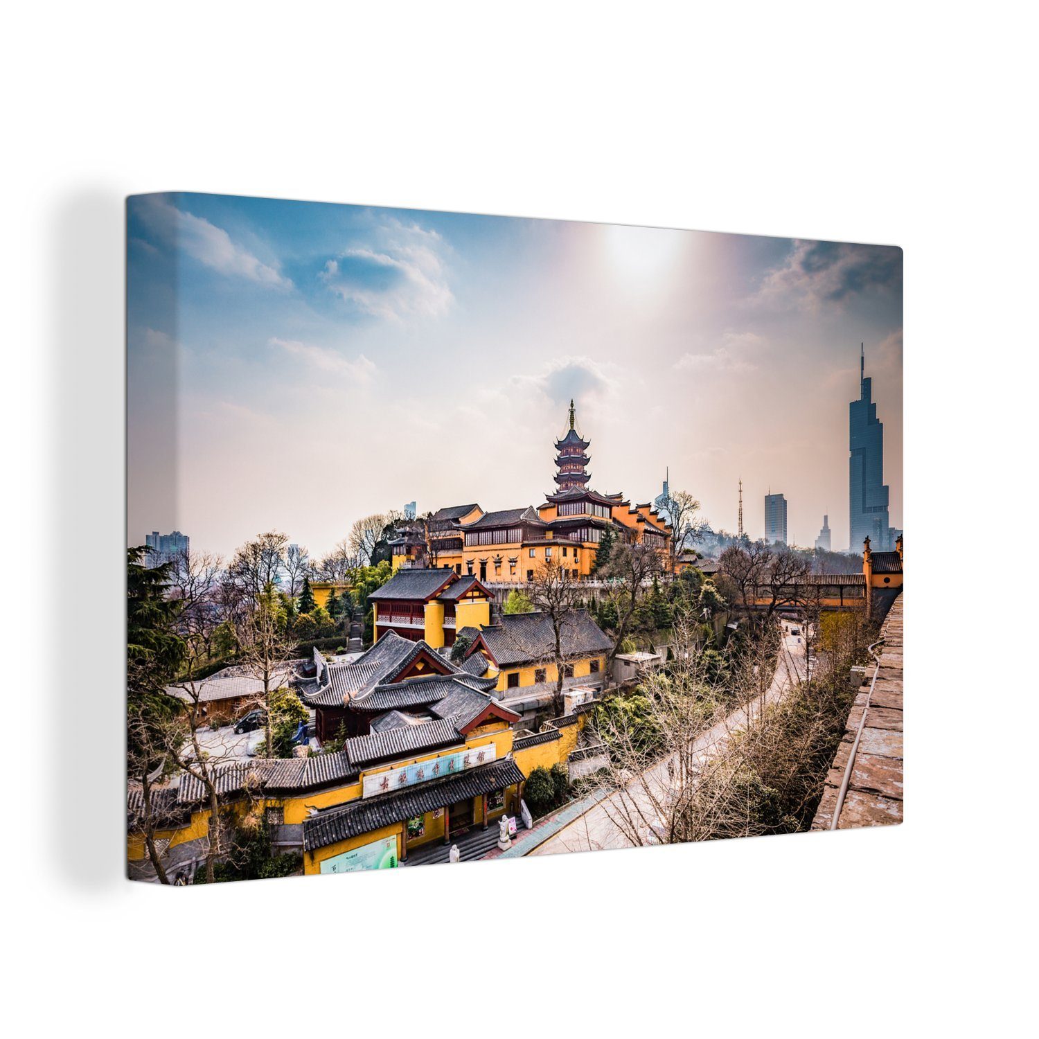 OneMillionCanvasses® Leinwandbild Sonnenstrahlen leuchten über den Tempeln in Nanjing, (1 St), Wandbild Leinwandbilder, Aufhängefertig, Wanddeko, 30x20 cm