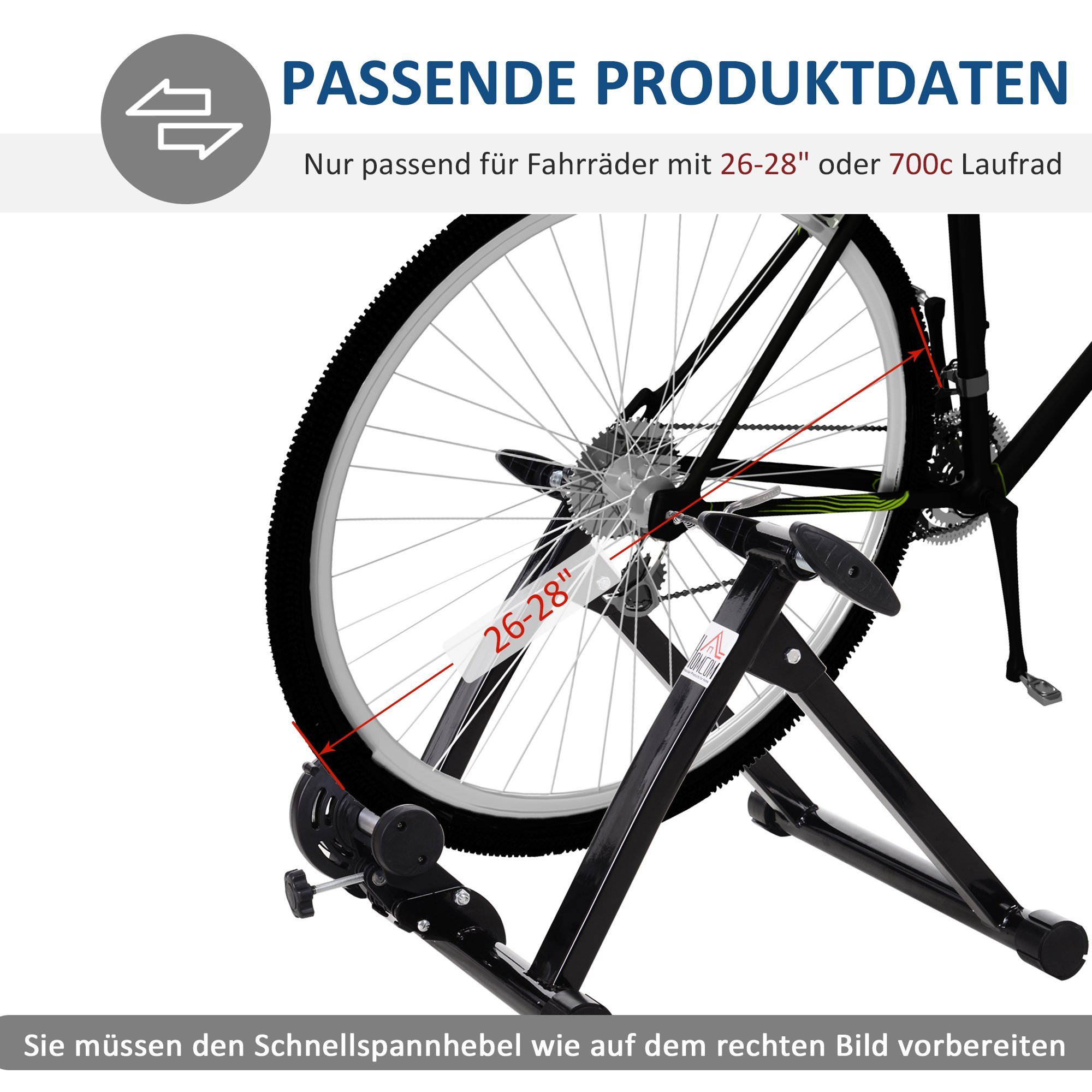 HOMCOM Heimtrainer Rennrad, faltbar Magnetbremse 26"-28"/700C (Fahrrad, 1-tlg., Rollentrainer), für Trainingsraum, Schwarz