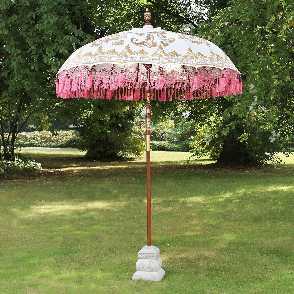 Oriental Galerie Sonnenschirm Balinesischer Sonnenschirm 180 cm mit goldener Bemalung Weiß Pink