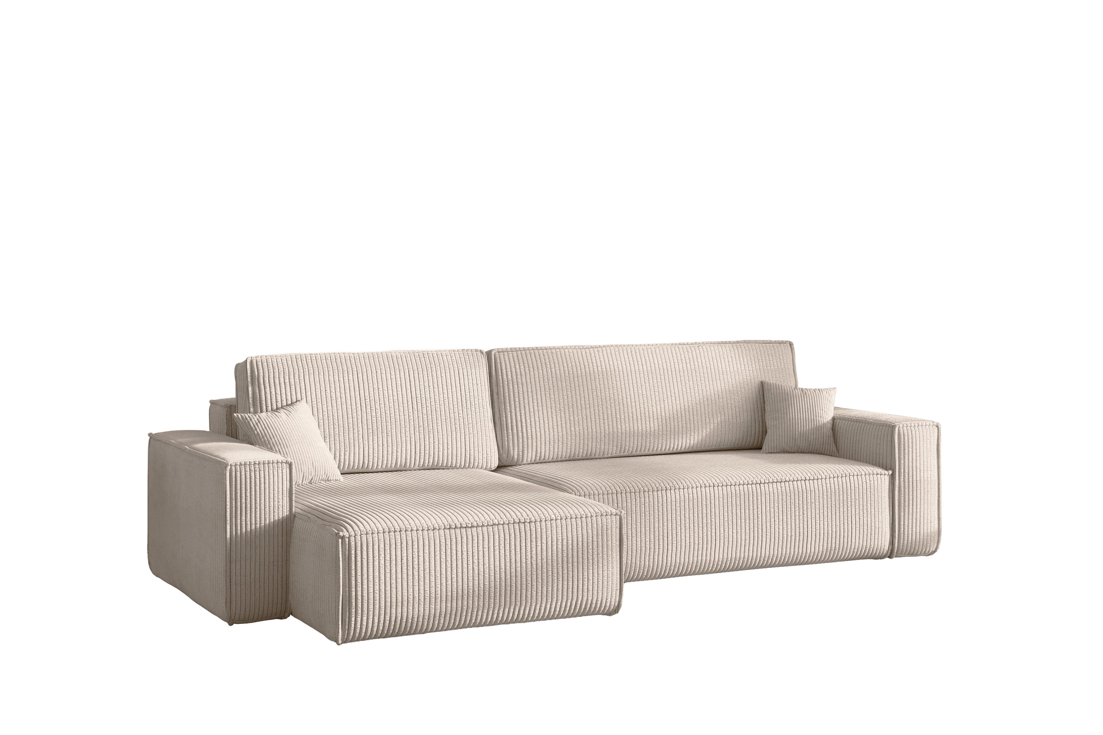 yourhouse24 Ecksofa Gepolstertes KARL XL L-Form, Cord&Bouclé-Stoff, mit Schlaffunktion und Bettkasten, Seite universal